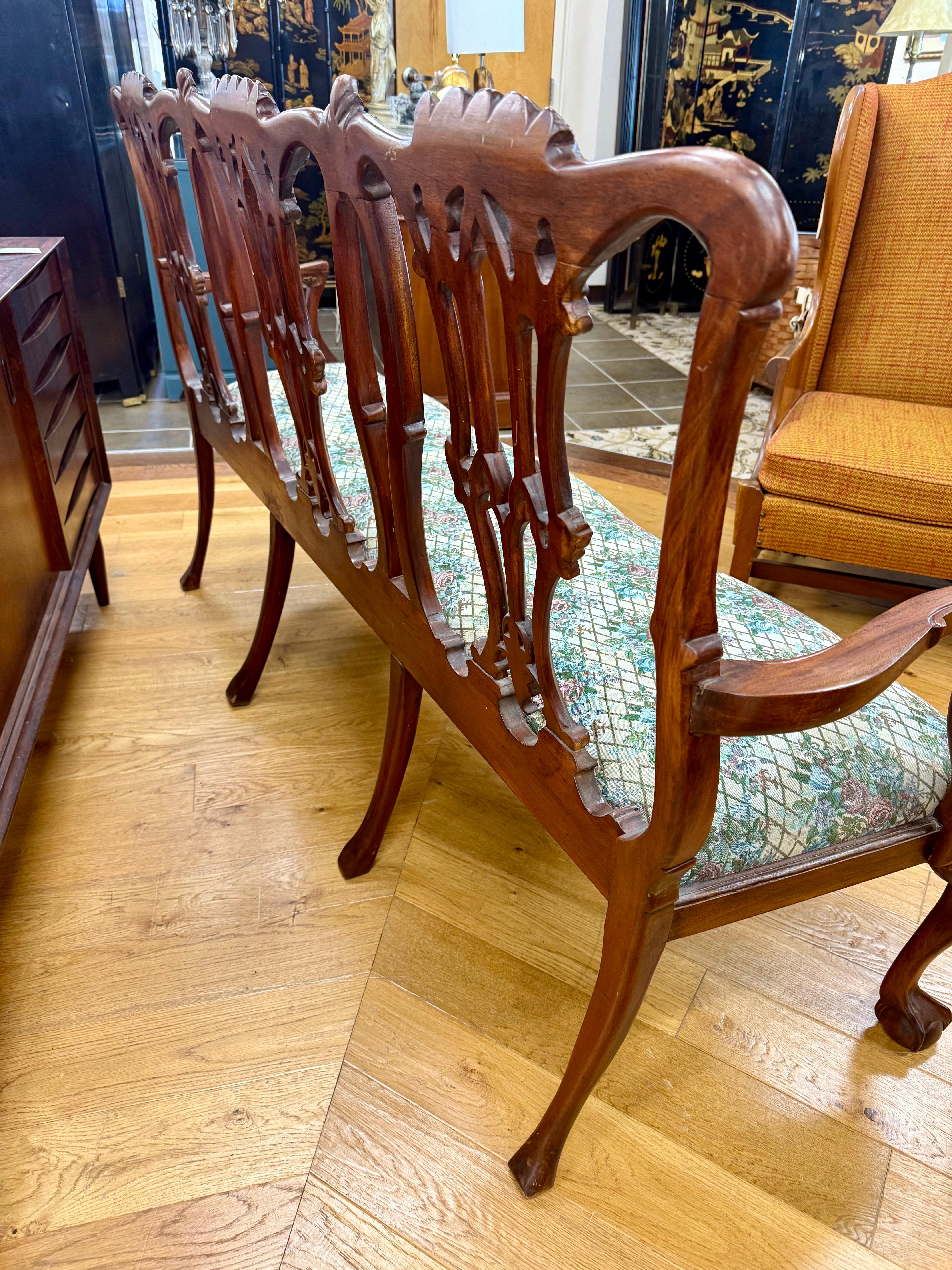 Large Chippendale Style Six Foot Hand Carved Mahogany Triple Back Settee For Sale 6