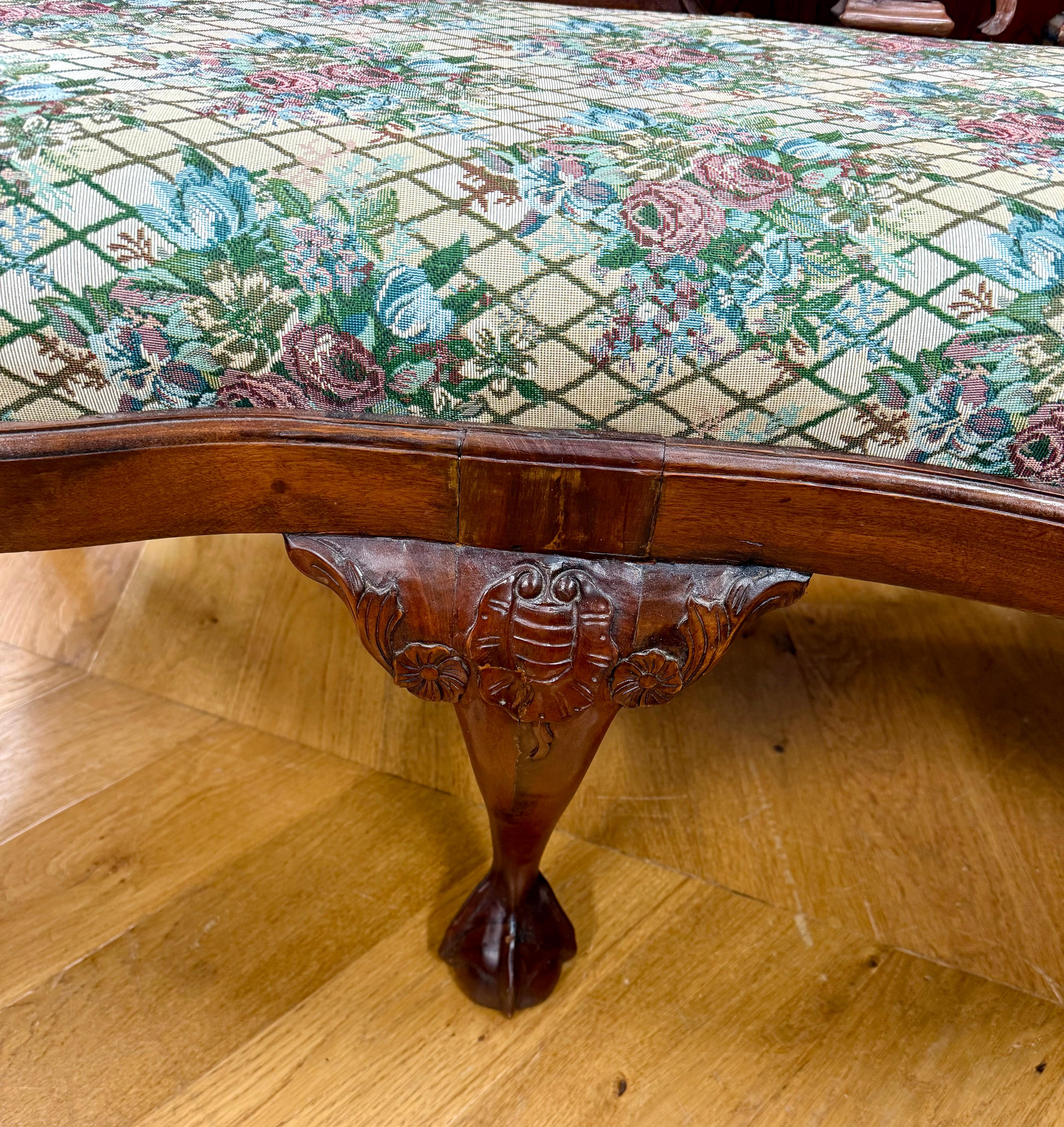 English Large Chippendale Style Six Foot Hand Carved Mahogany Triple Back Settee For Sale