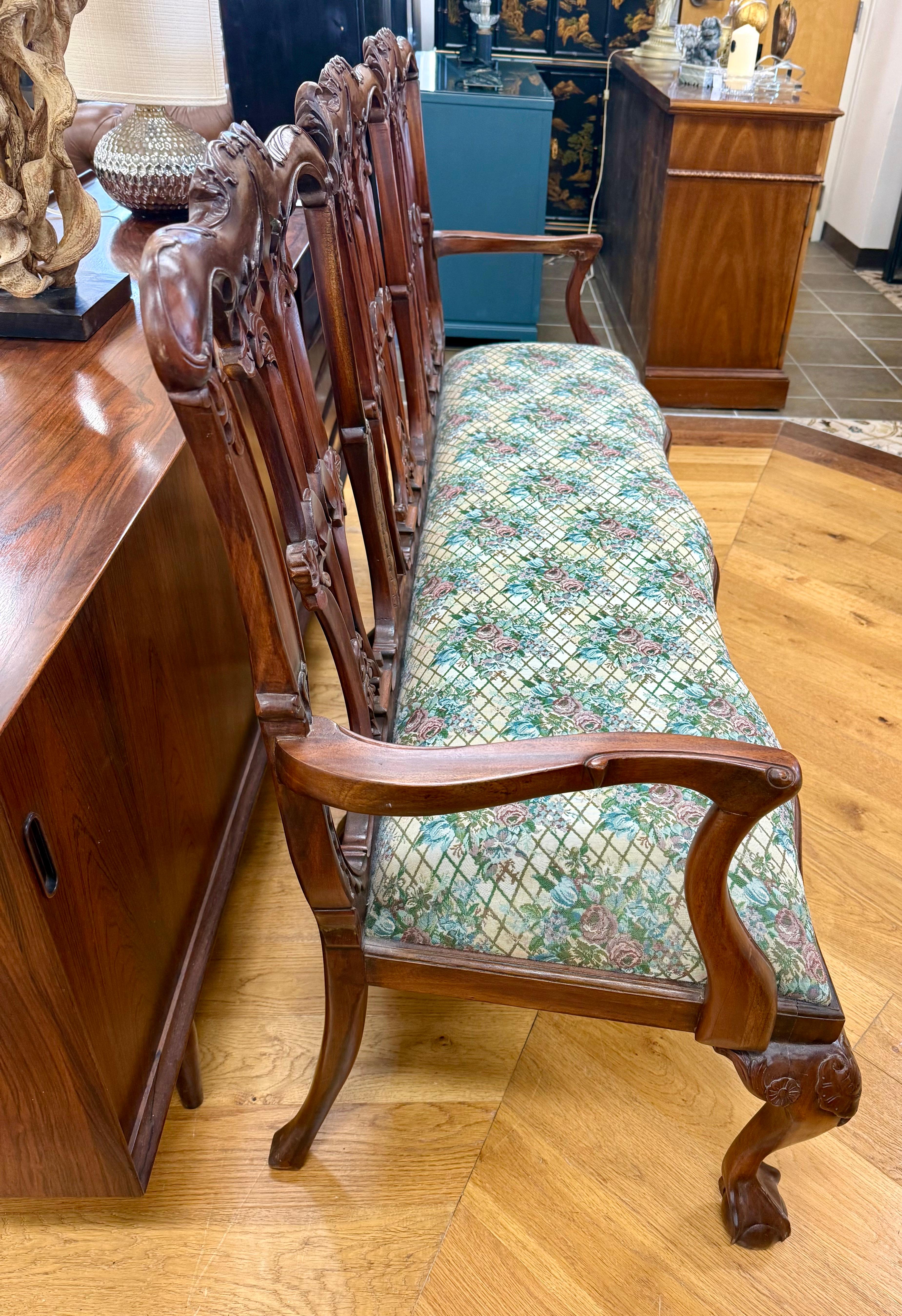 Large Chippendale Style Six Foot Hand Carved Mahogany Triple Back Settee In Good Condition For Sale In West Hartford, CT