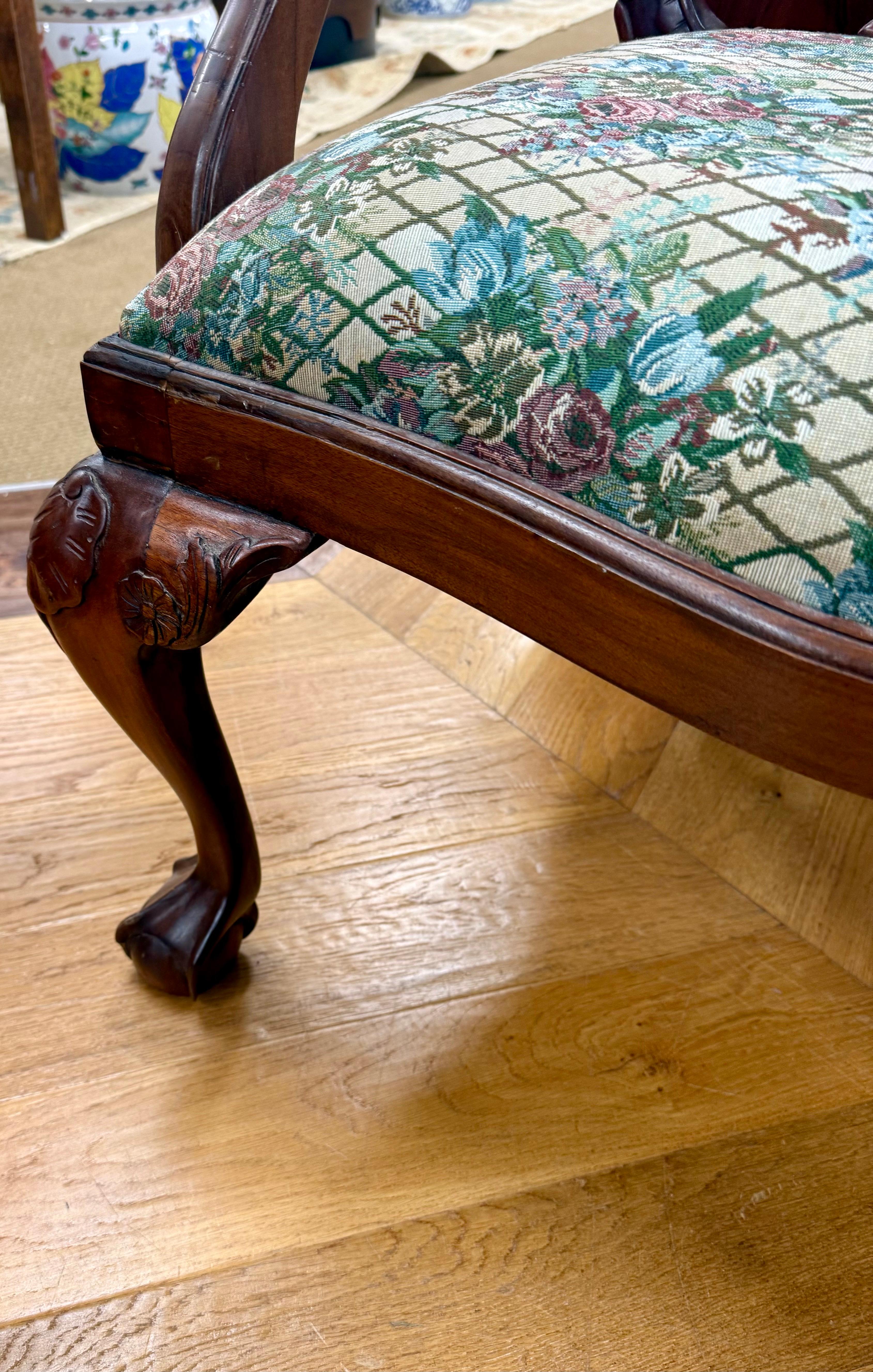 Fabric Large Chippendale Style Six Foot Hand Carved Mahogany Triple Back Settee For Sale