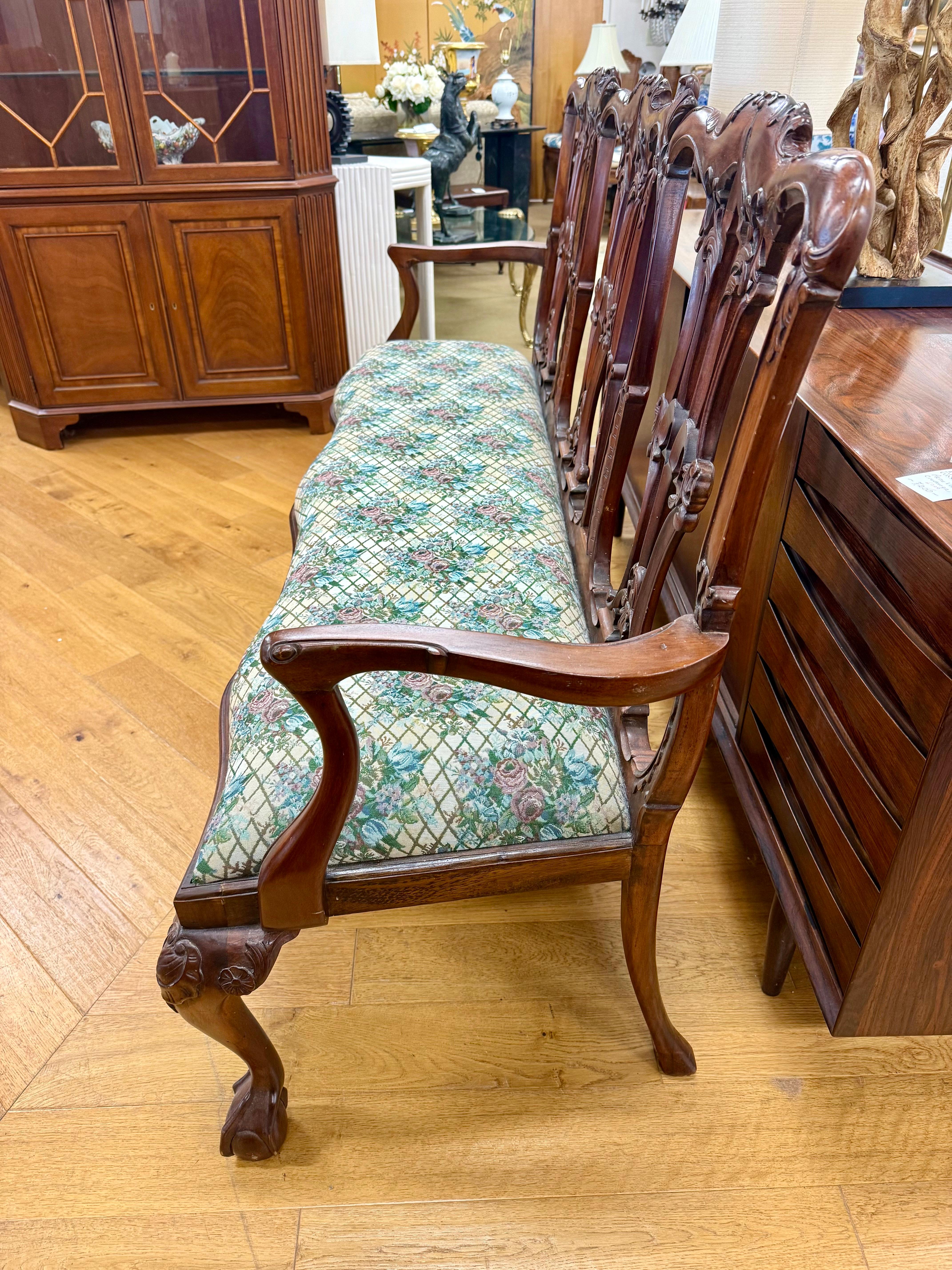 Large Chippendale Style Six Foot Hand Carved Mahogany Triple Back Settee For Sale 1