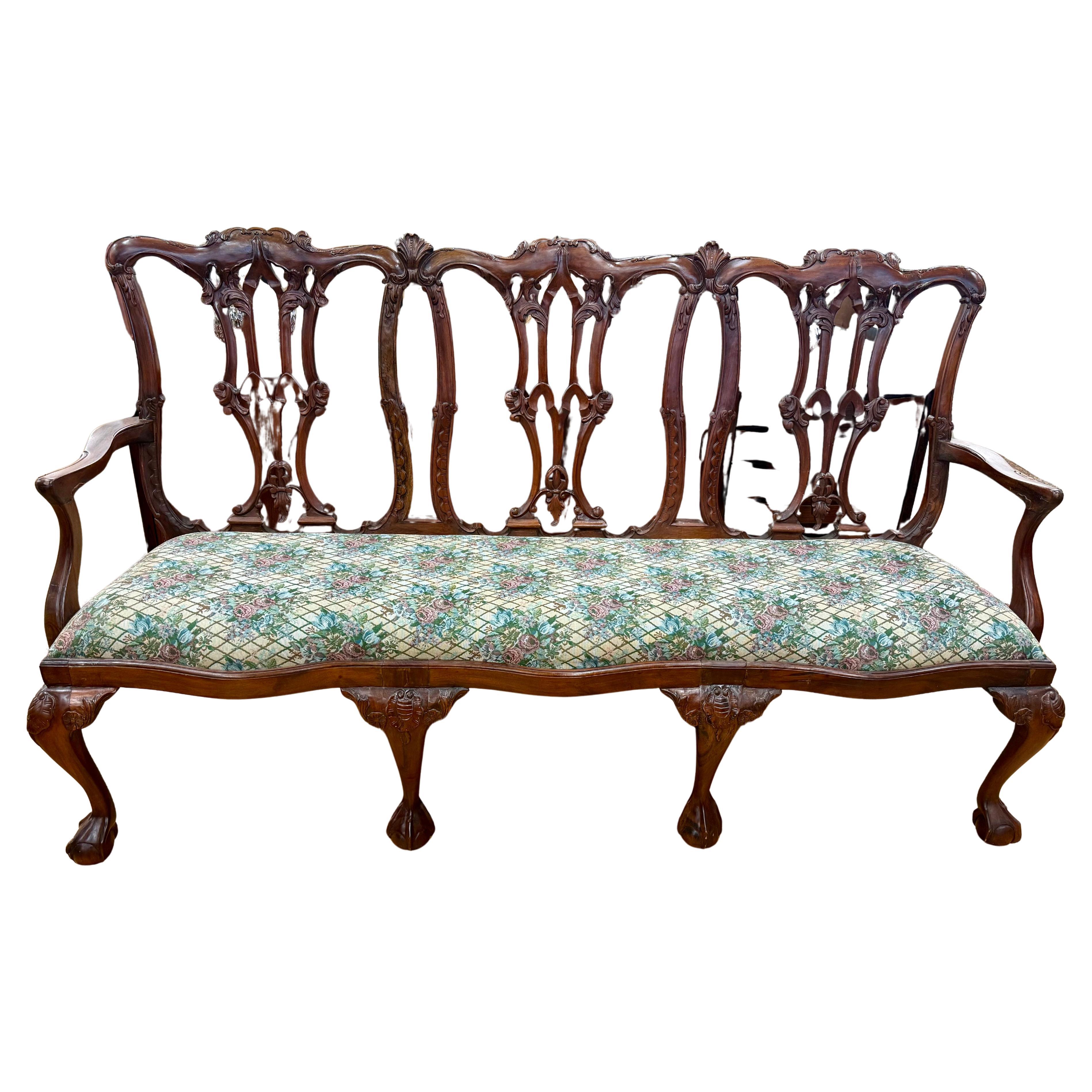 Large Chippendale Style Six Foot Hand Carved Mahogany Triple Back Settee For Sale