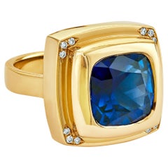 Grande bague d'inspiration chocolat en or jaune 18 carats avec saphir bleu