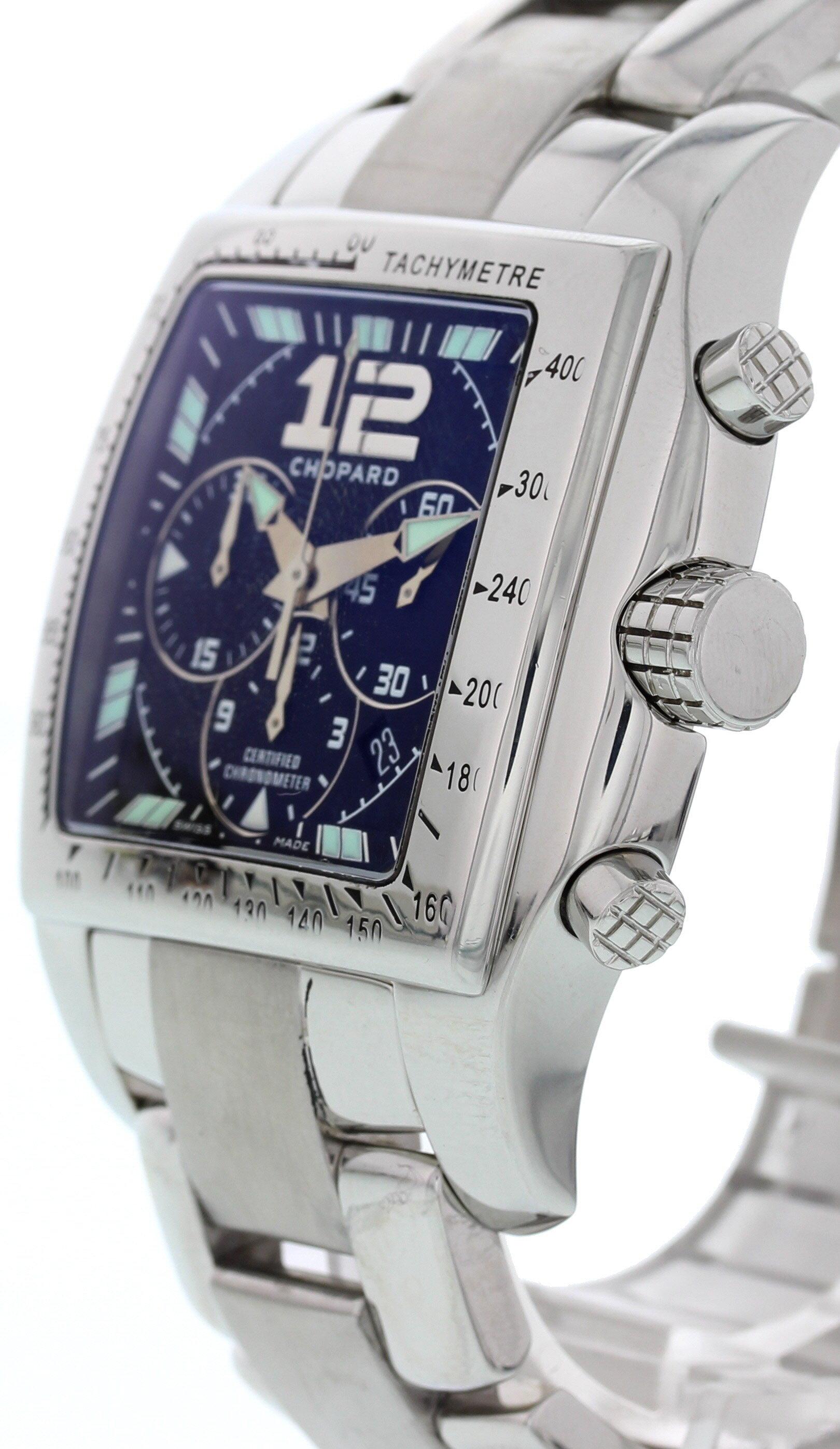 Men's Chopard Tycoon Two O Ten Chronograph 8961. 46 mm stainless steel case. Black dial with luminous hands and markers. 3 Black sub dials. Date display. Stainless steel band with a hidden double folding clasp. Will fit a 7.5 inch wrist. Automatic