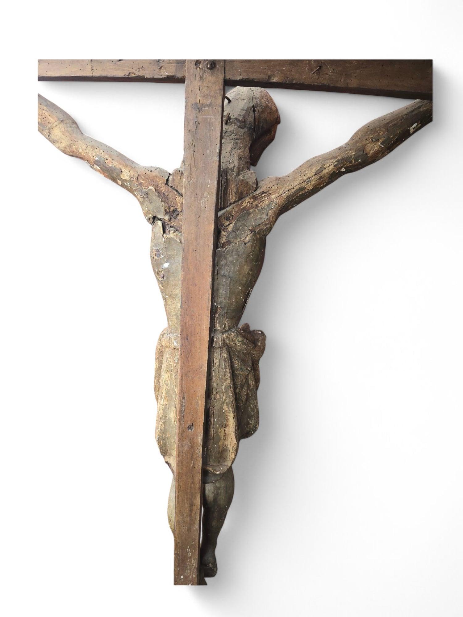 Legno di alberi da frutto Grande Cristo in croce - XV secolo 180 CM in vendita