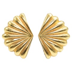 Large Christian Dior Ribbed Fan Shell Gold Tone Clip on Earrings