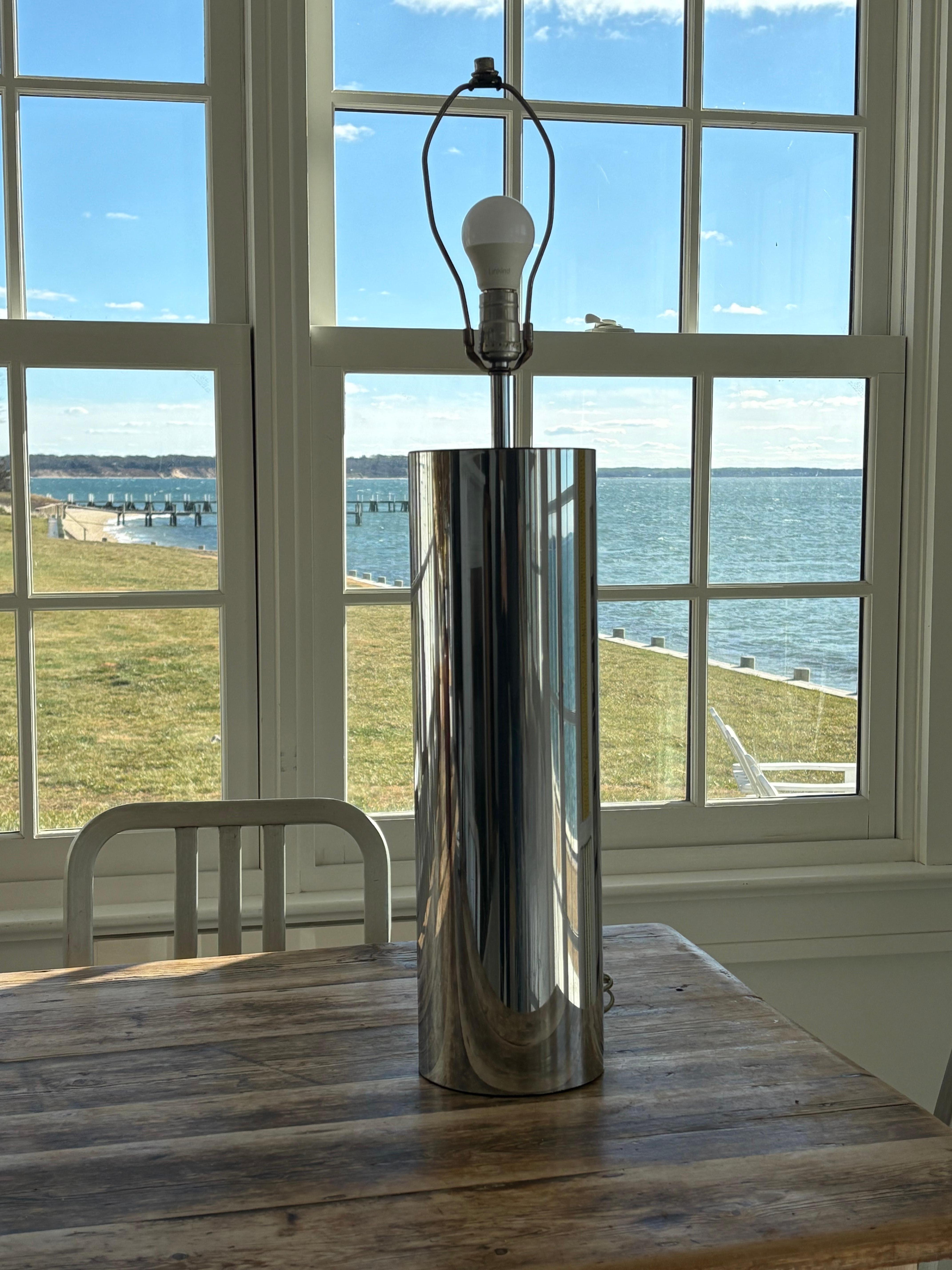 Large Chrome 1970s 6” Diameter Cylinder Table Lamp For Sale 3