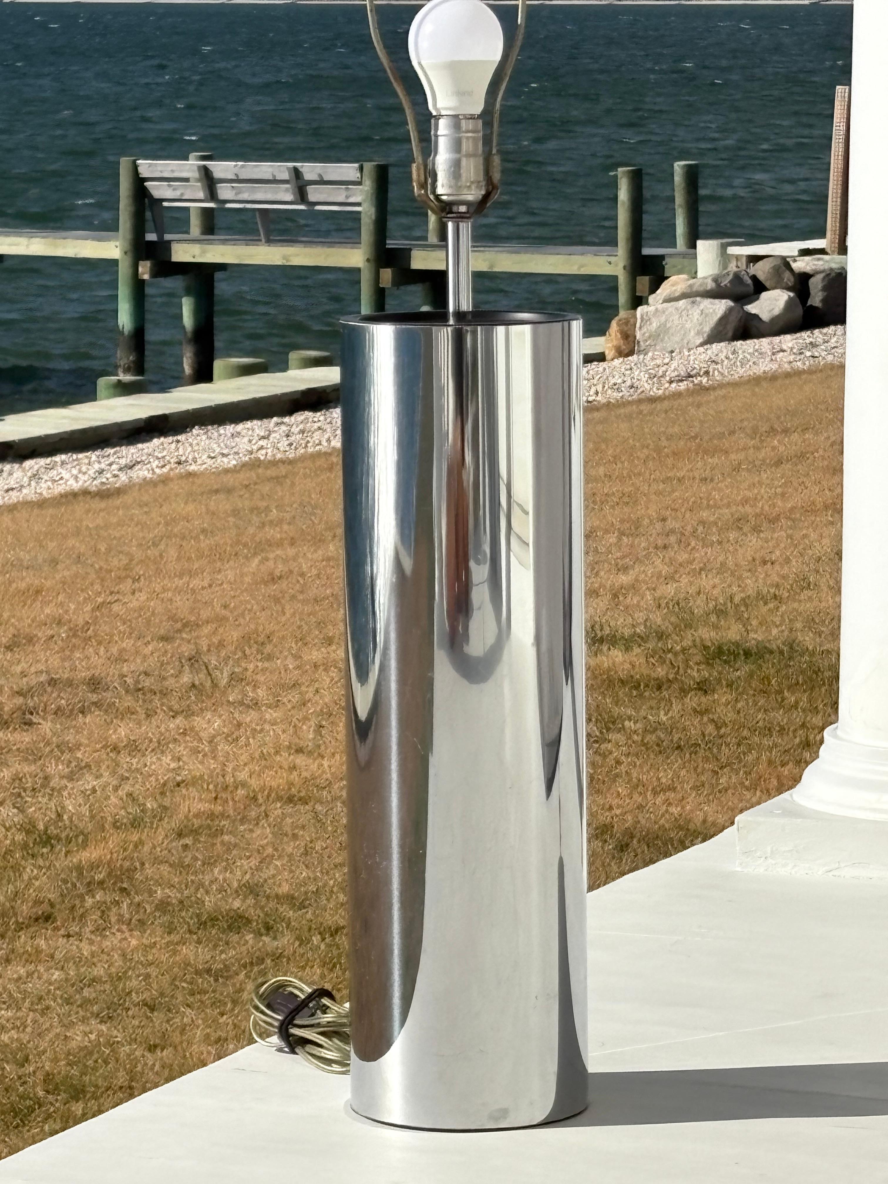 20th Century Large Chrome 1970s 6” Diameter Cylinder Table Lamp For Sale