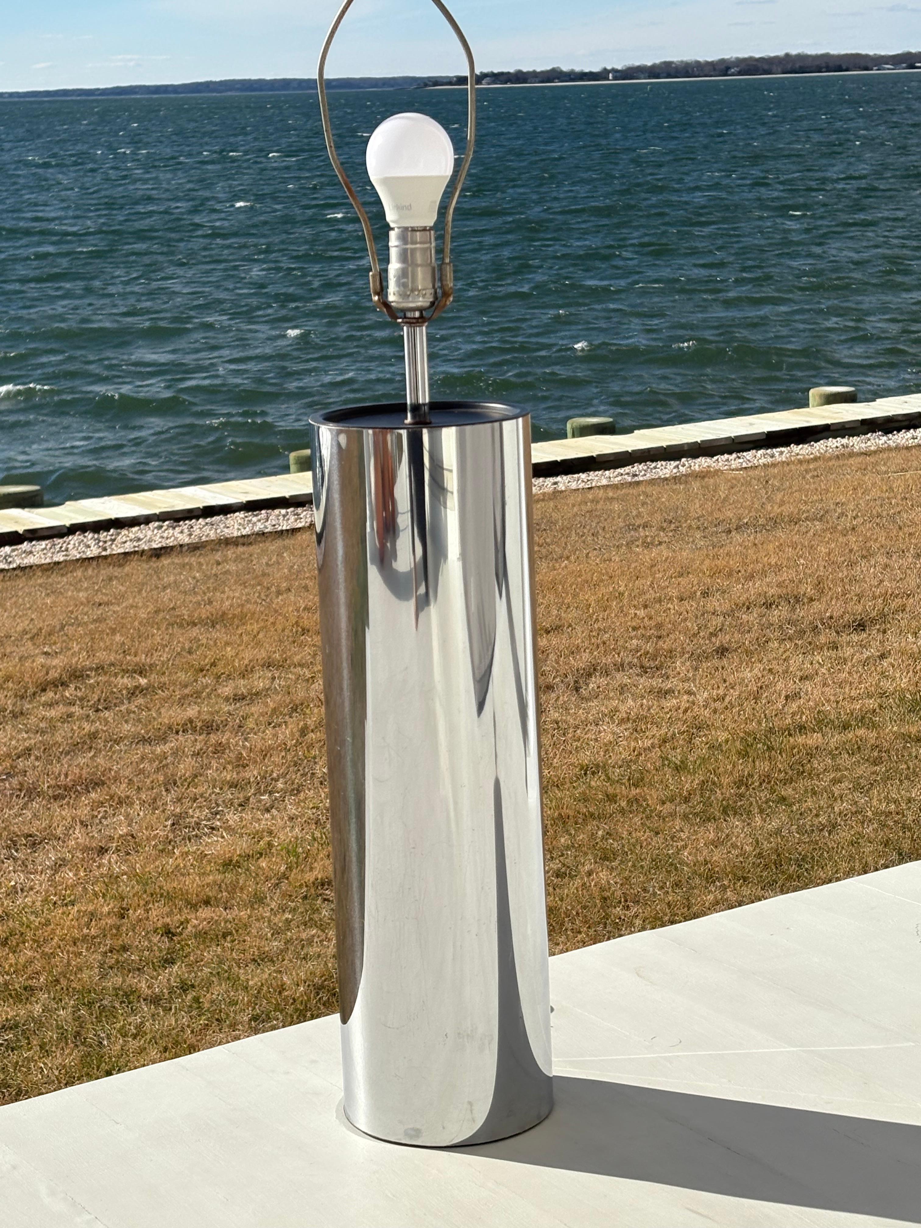 Metal Large Chrome 1970s 6” Diameter Cylinder Table Lamp For Sale