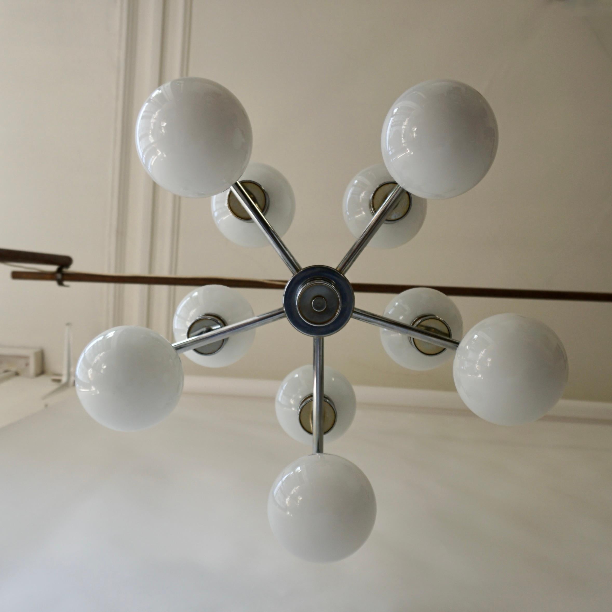 20th Century Large Chrome and 10 Opaline Globe Atomic Chandelier For Sale