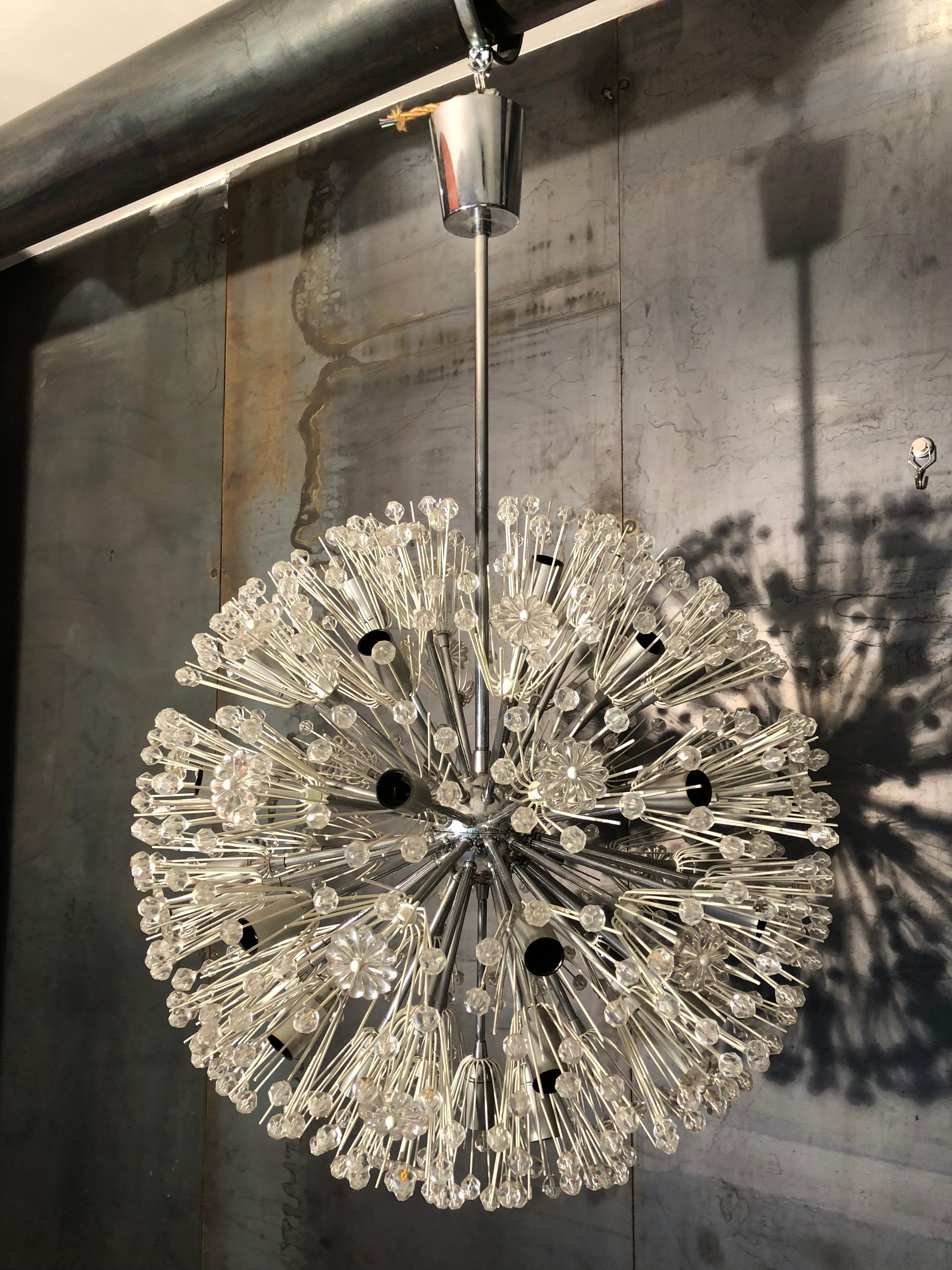 Extra large size for this midcentury Sputnik chandelier designed by Emil Stejinar. Great conditions with some restorations. The white parts have been repainted. The wiring has been partially replaced. Full working with EU standards. Measures: