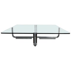 Large Chrome Base Glass Top Coffee Table Made in Italy by Gianfranco Frattini 
