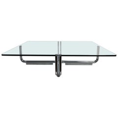 Large Chrome Base Glass Top Coffee Table Made in Italy by Gianfranco Frattini