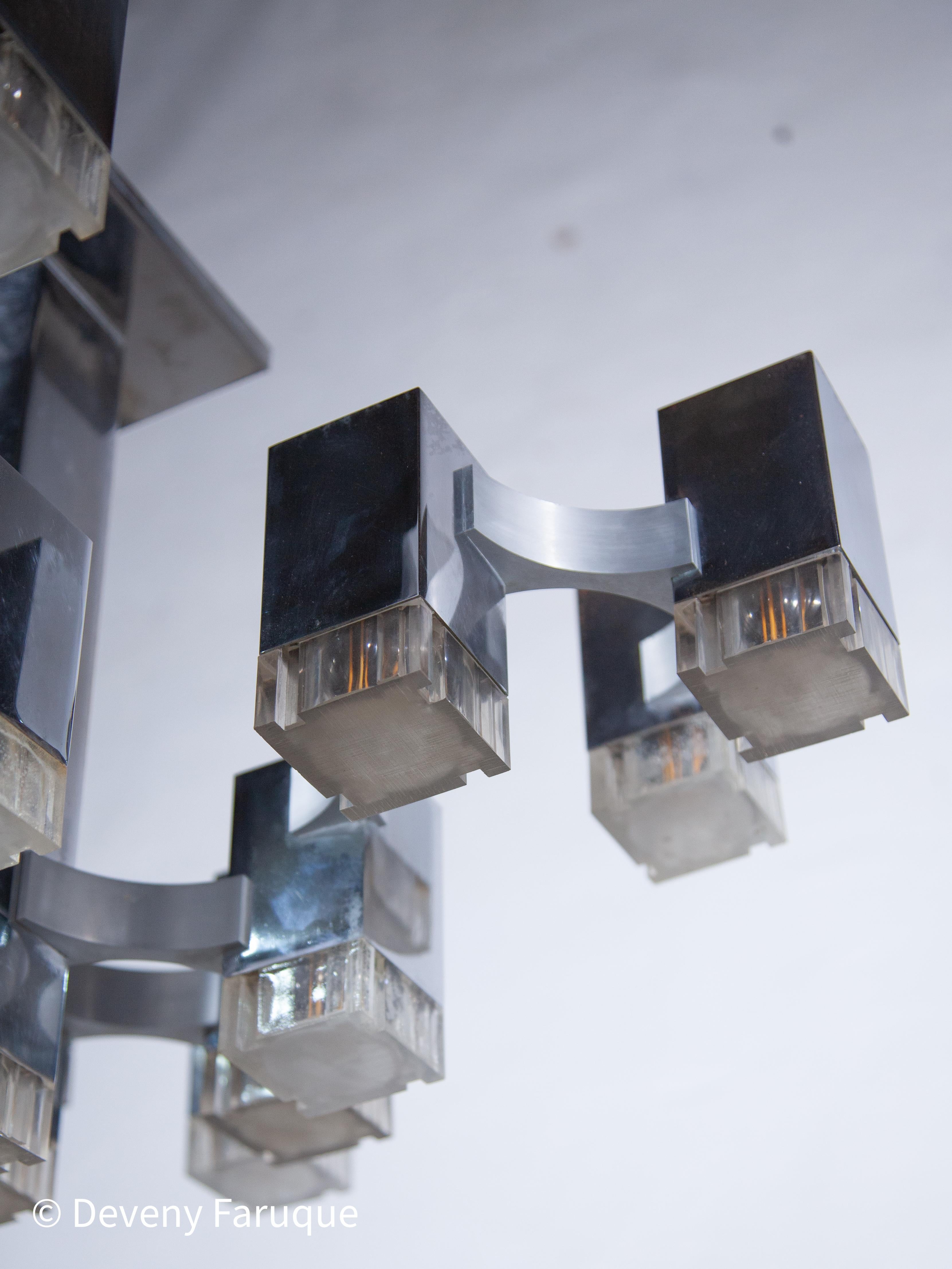 Grande lampadario cubico cromato Sciolari 17 luci, anni '60, Italia in vendita 3