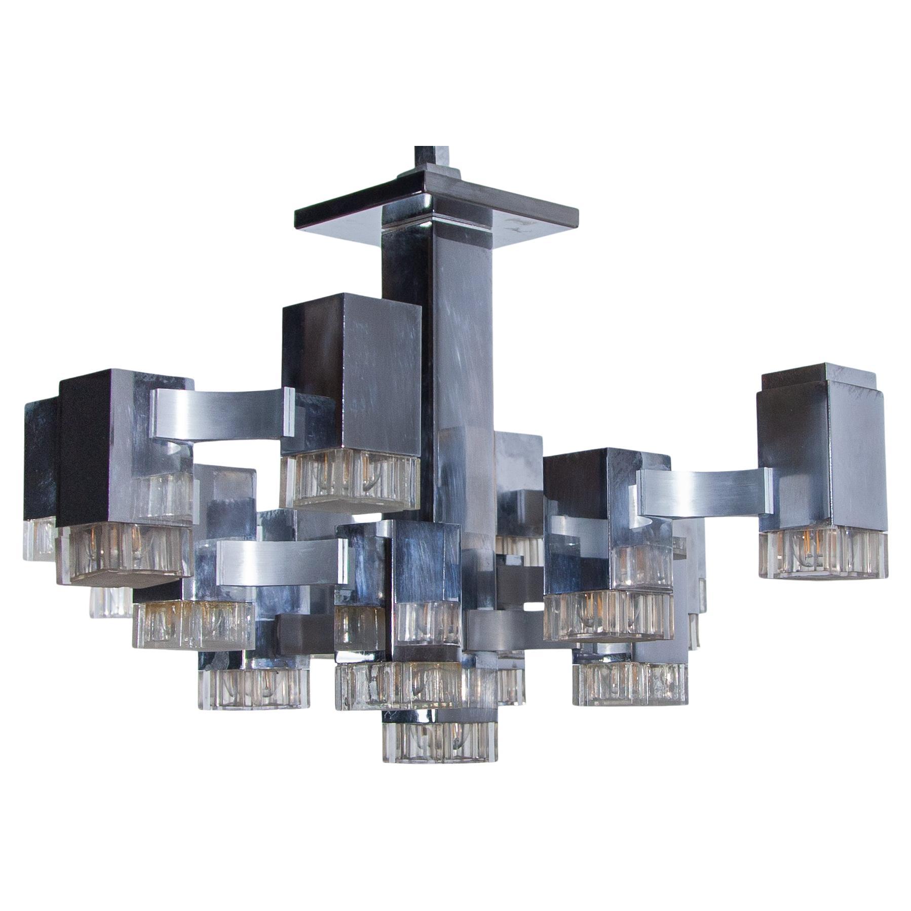 Grand lustre Sciolari cubique chromé 17 Lights, 1960s, Italie