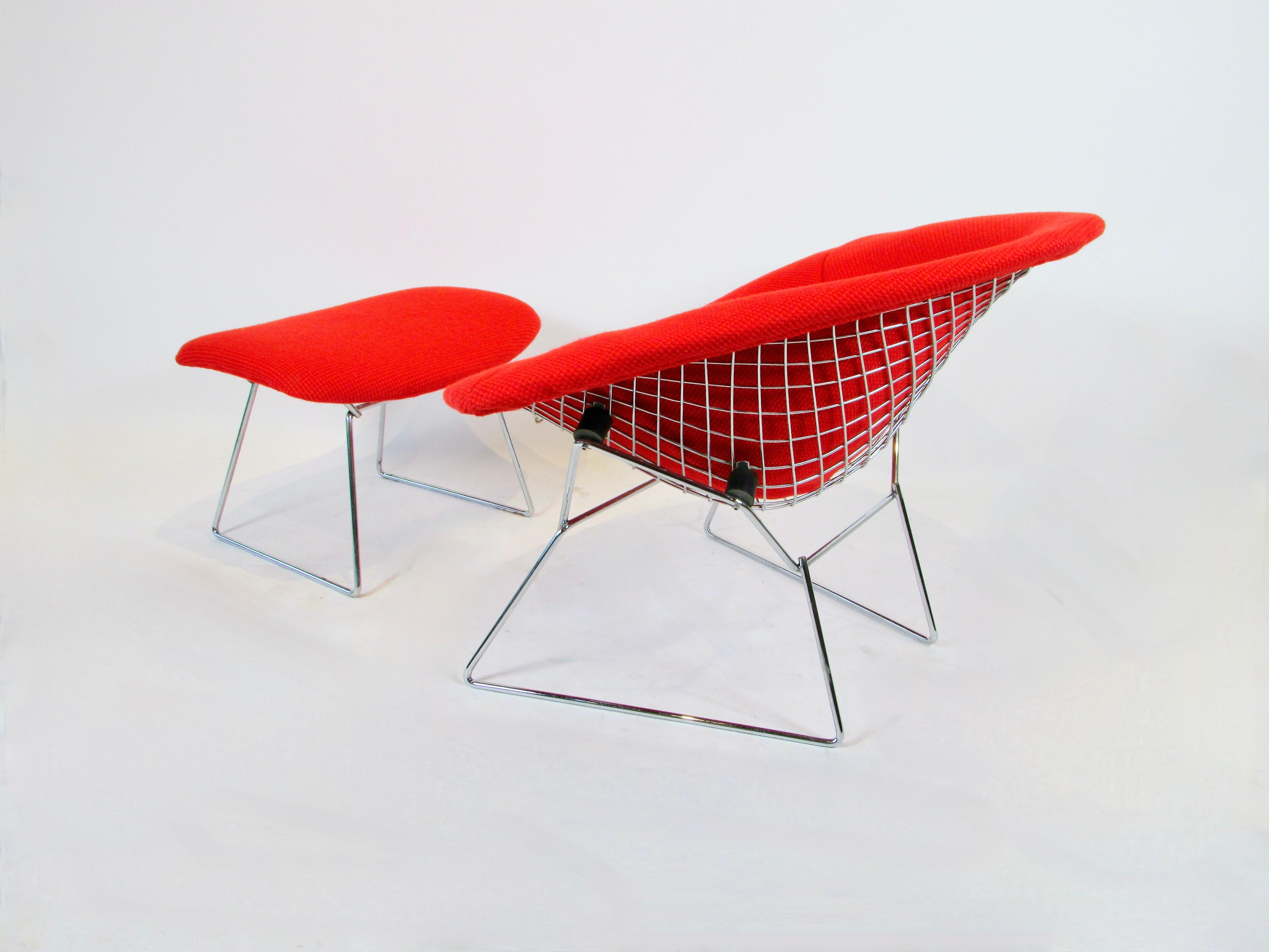 American Large Chrome Frame Bertoia Knoll Diamond Chair with Ottoman in Red Cato Textile For Sale