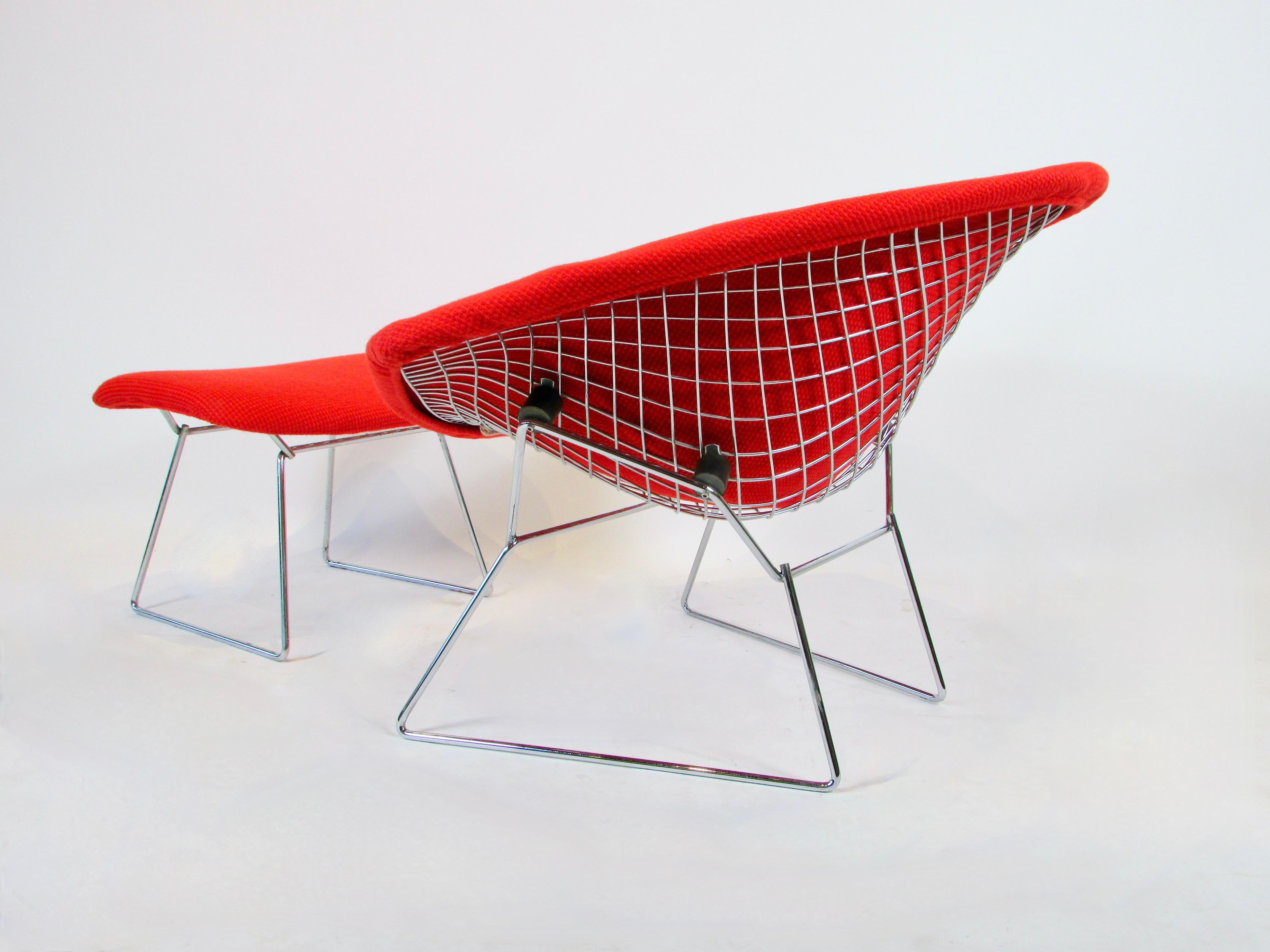 Welded Large Chrome Frame Bertoia Knoll Diamond Chair with Ottoman in Red Cato Textile For Sale