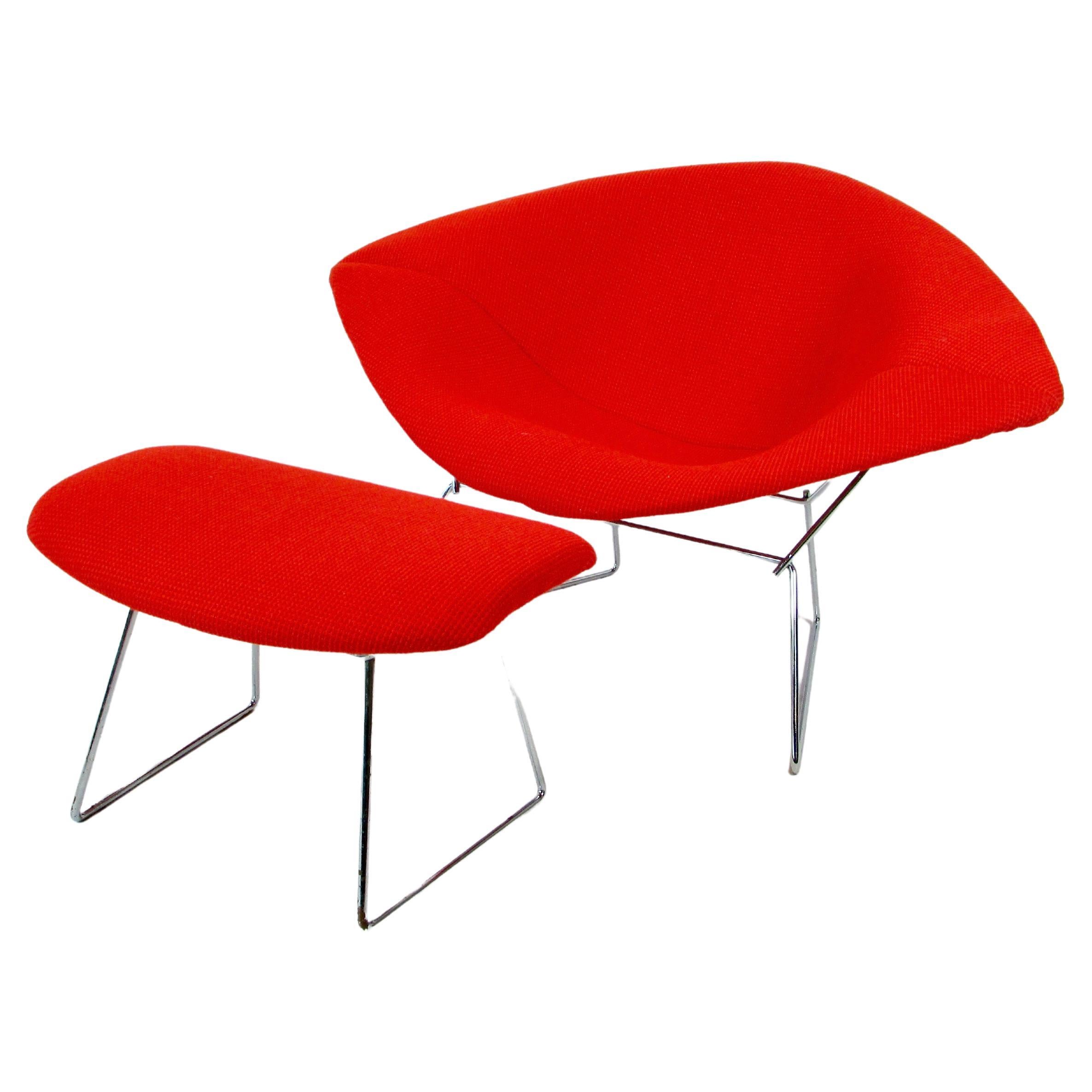 Large Chrome Frame Bertoia Knoll Diamond Chair with Ottoman in Red Cato Textile For Sale