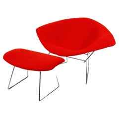 Large Chrome Frame Bertoia Knoll Diamond Chair with Ottoman in Red Cato Textile