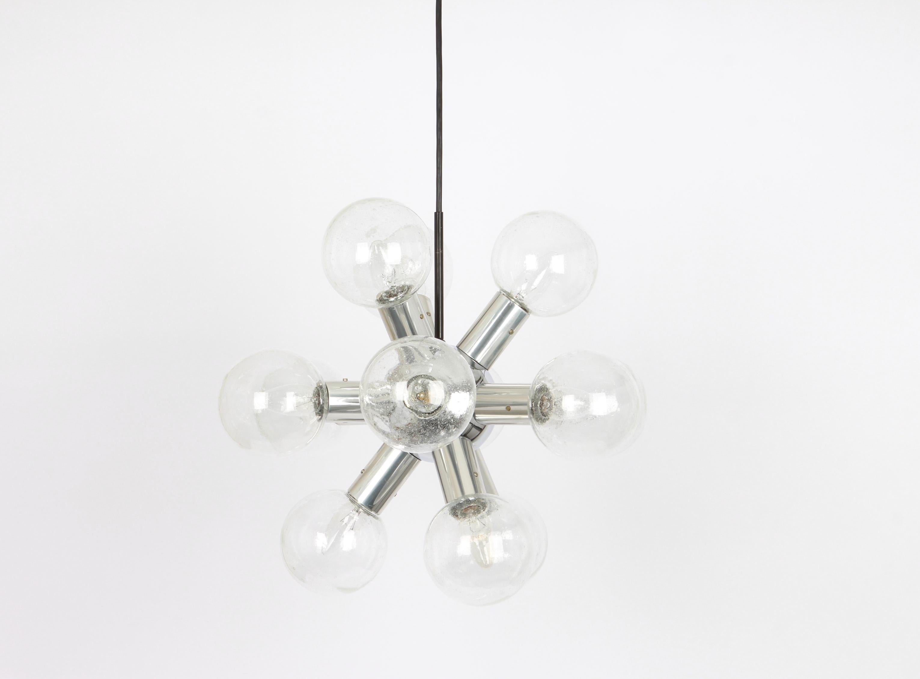 Blown Glass 1 of 2 Large Chrome Sputnik Atomium Chandelier by Kalmar, Austria, 1970s For Sale