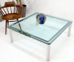 Large Chrome Square Floating Thick Glass Top Coffee Table