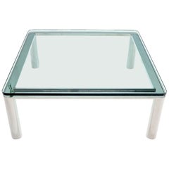 Large Chrome Square Floating Thick Glass Top Coffee Table