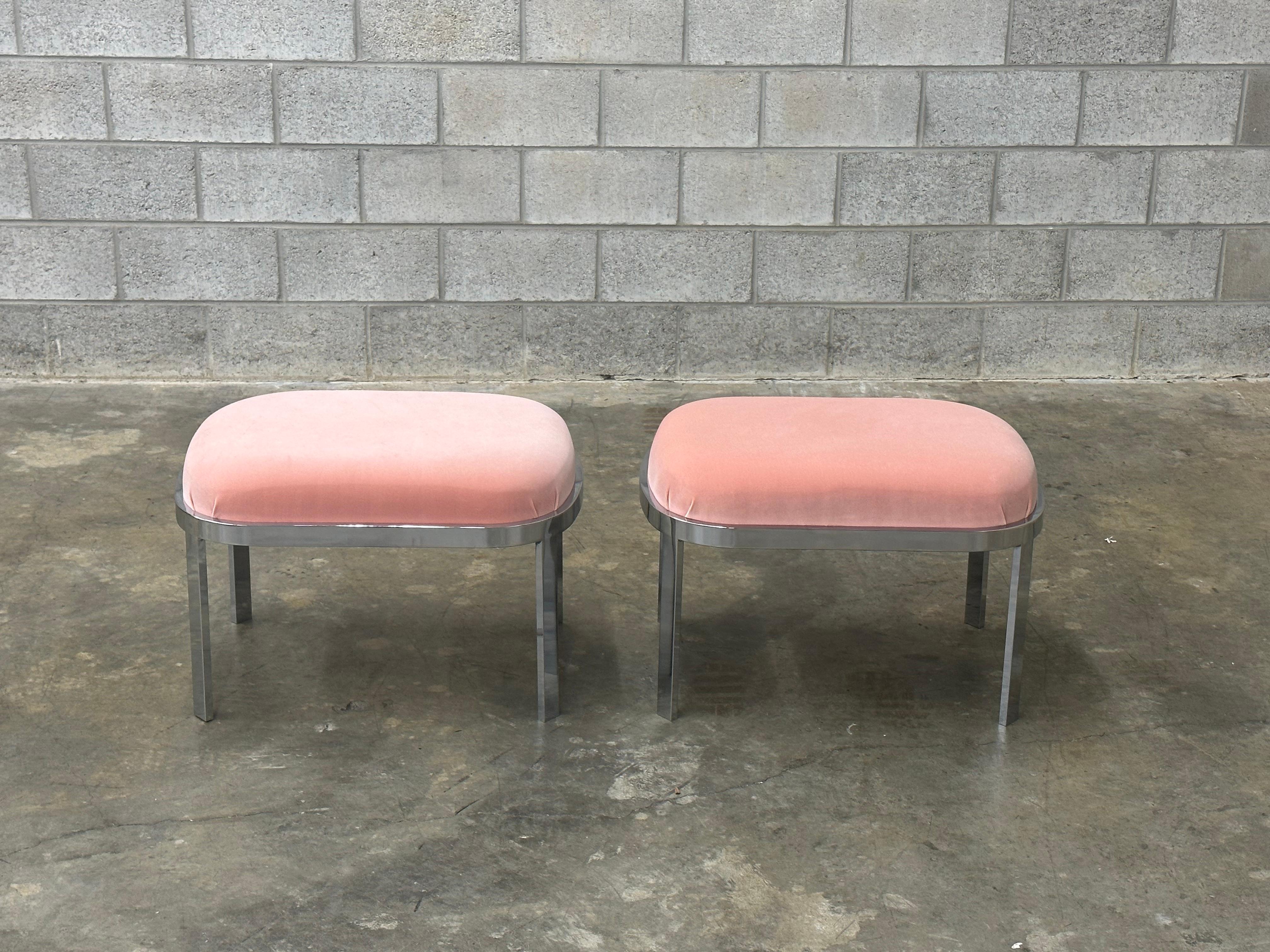 Post-Modern Large Chrome Stools or Ottomans Attributed to Milo Baughman- A Pair For Sale