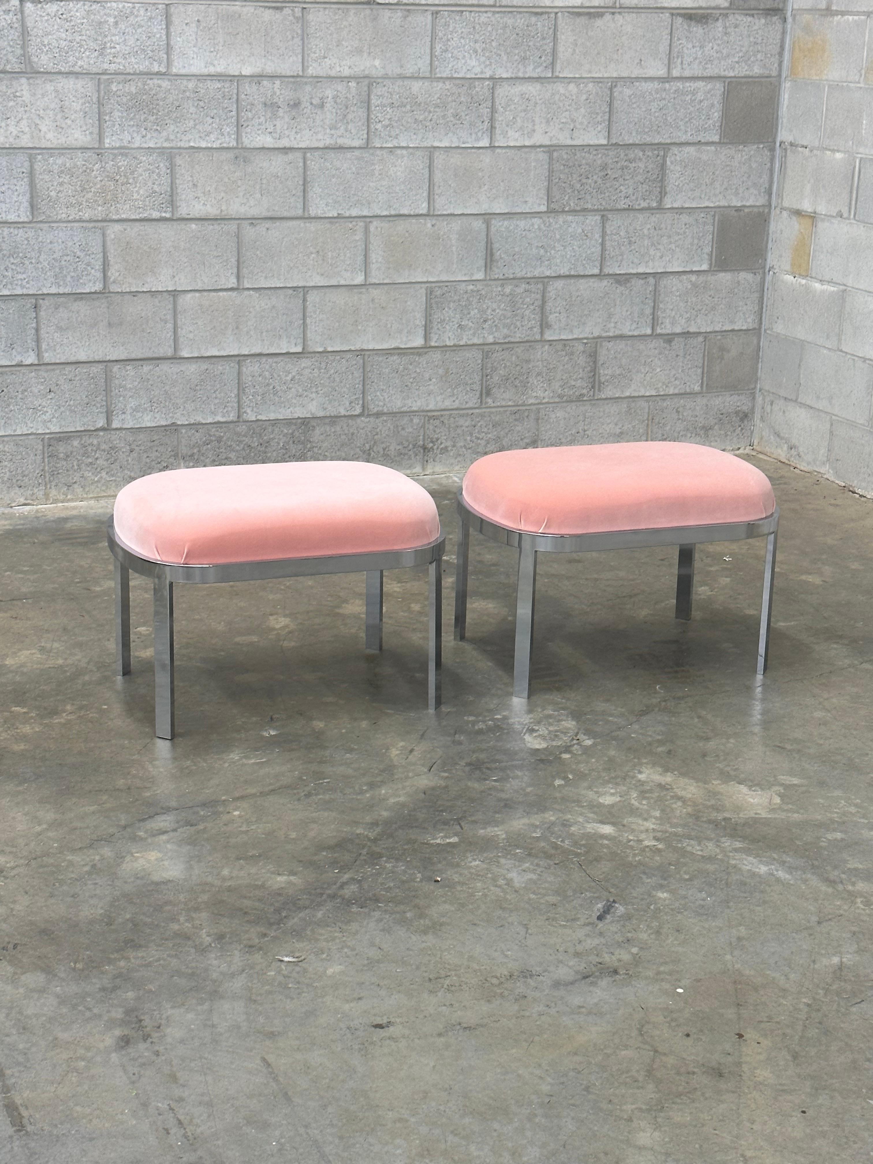 American Large Chrome Stools or Ottomans Attributed to Milo Baughman- A Pair For Sale