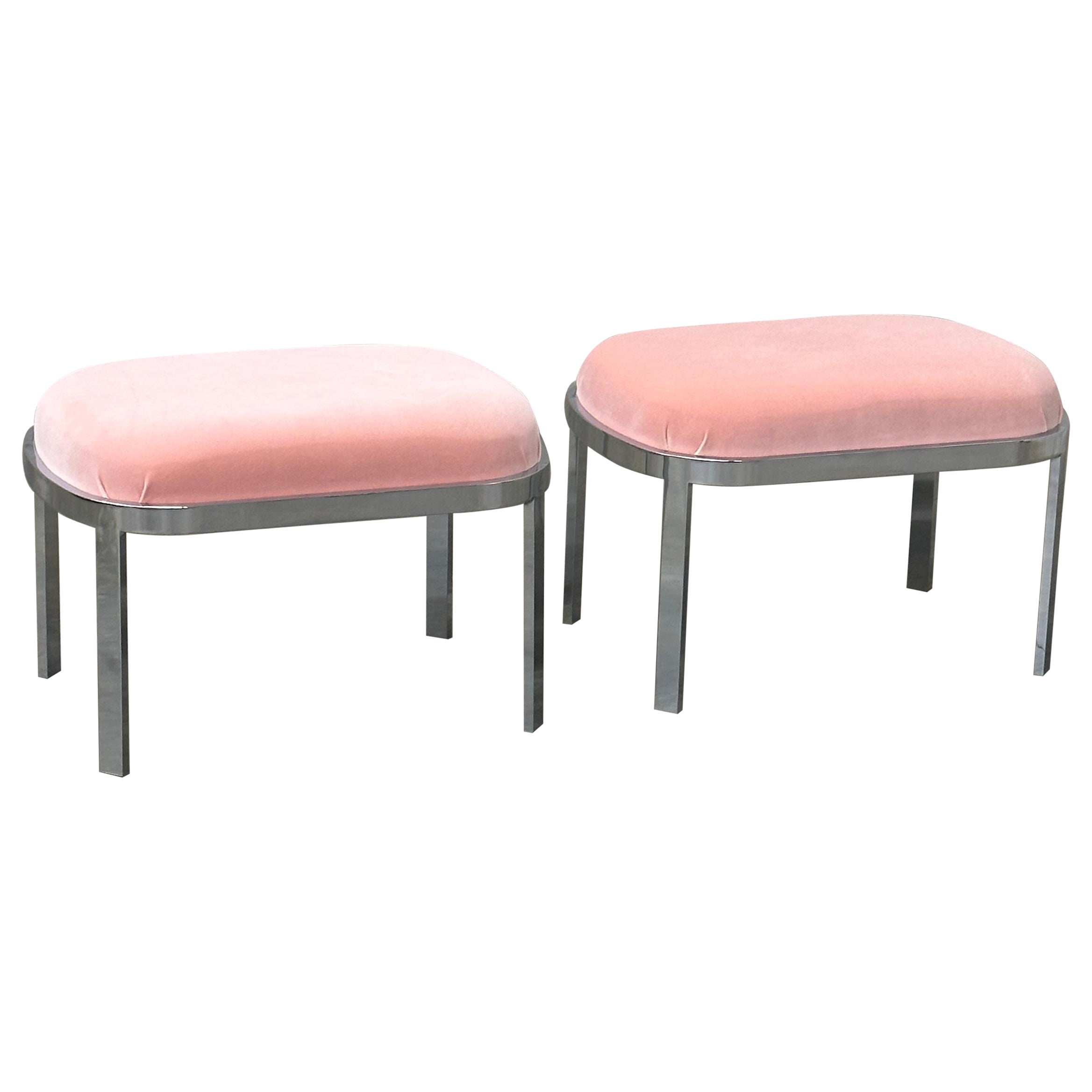 Large Chrome Stools or Ottomans Attributed to Milo Baughman- A Pair