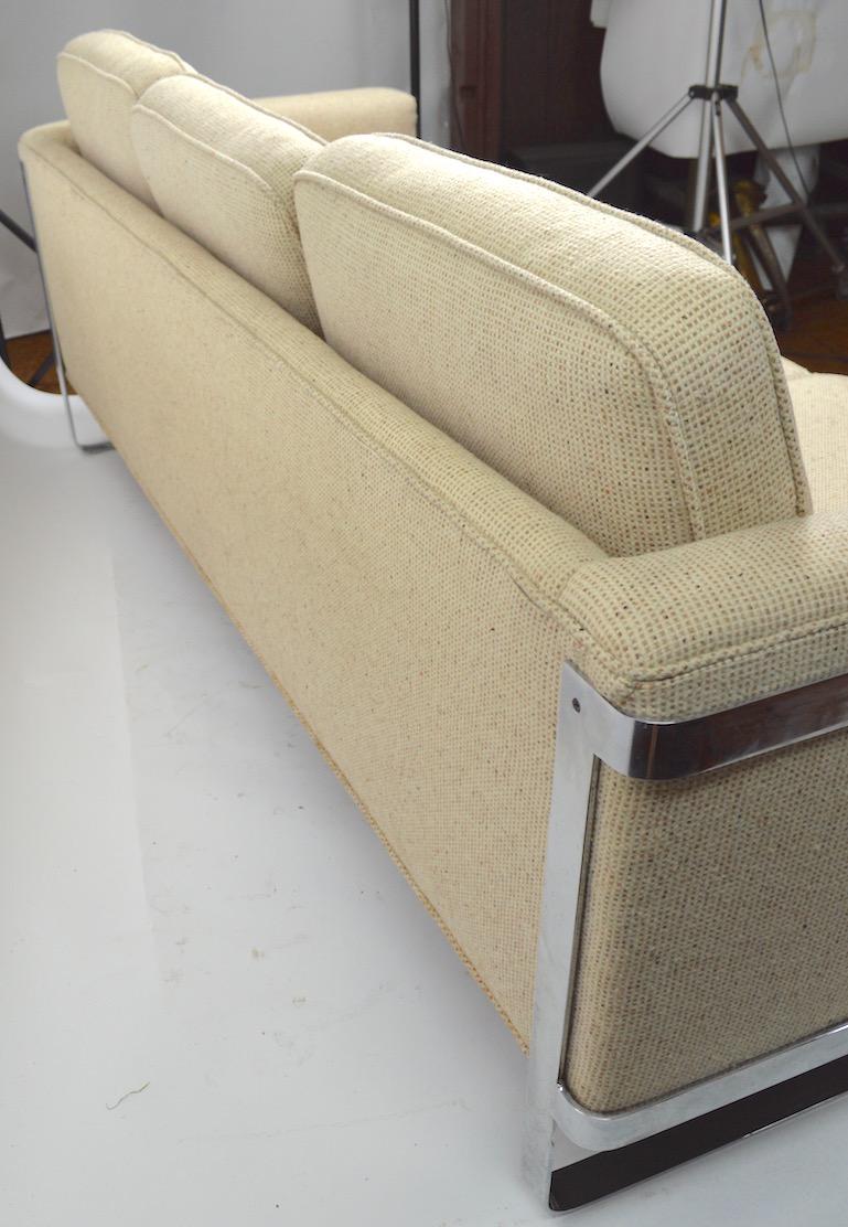 Upholstery Large Chrome Strap and Tweed Sofa Attributed to Baughman