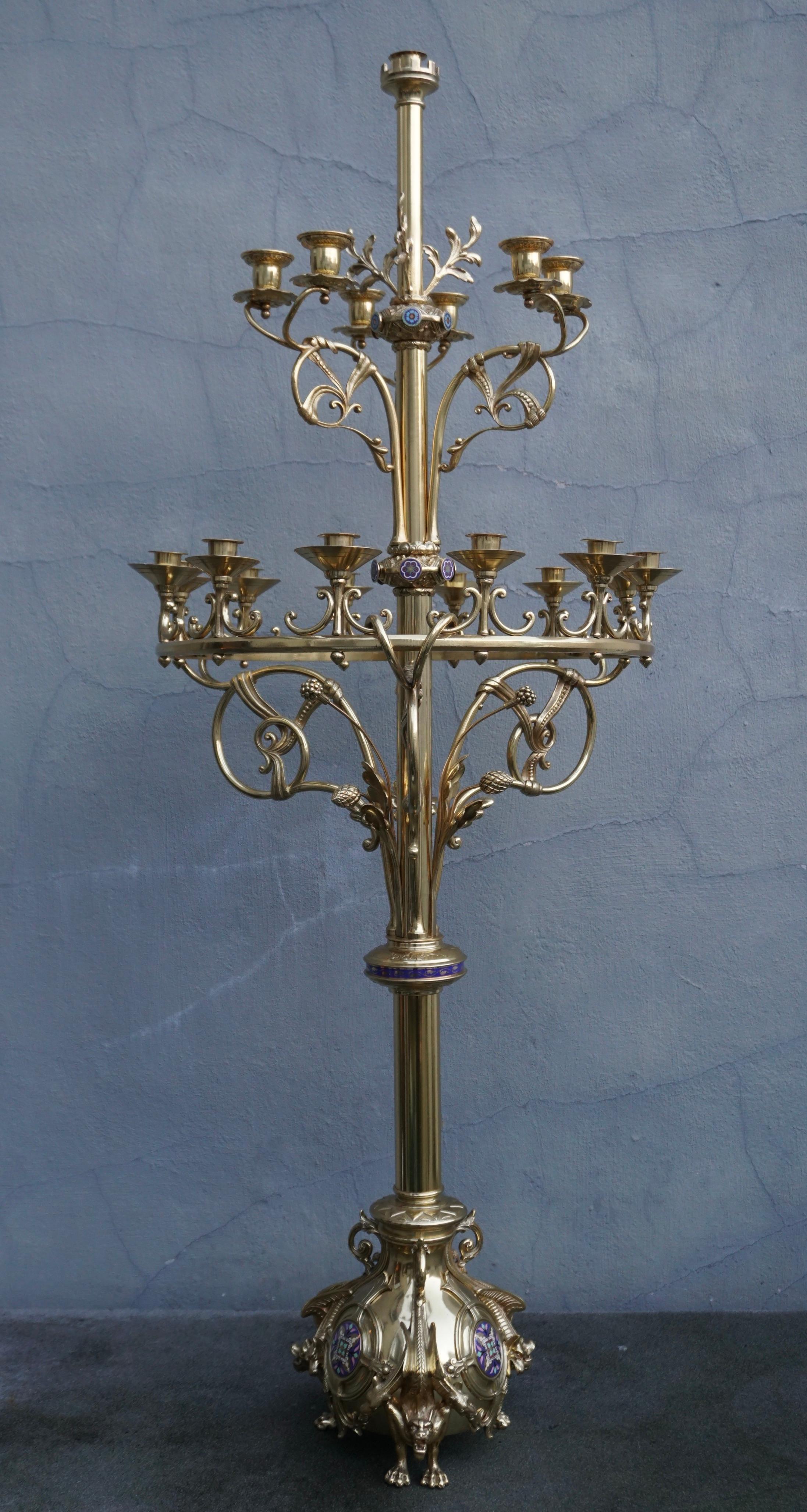 Enameled Large Church Antique Torcheres Floor Candlestick for 19 Candles For Sale
