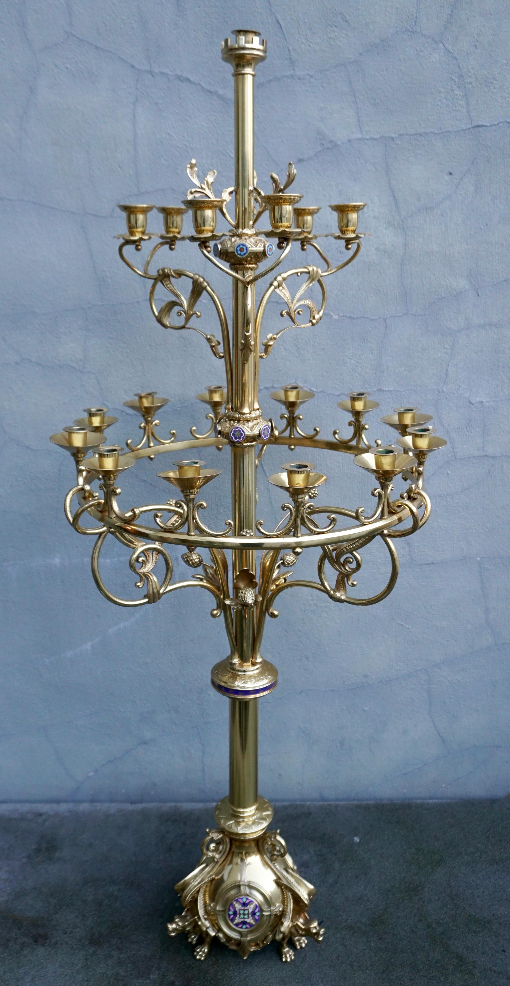 Bronze Large Church Antique Torcheres Floor Candlestick for 19 Candles For Sale