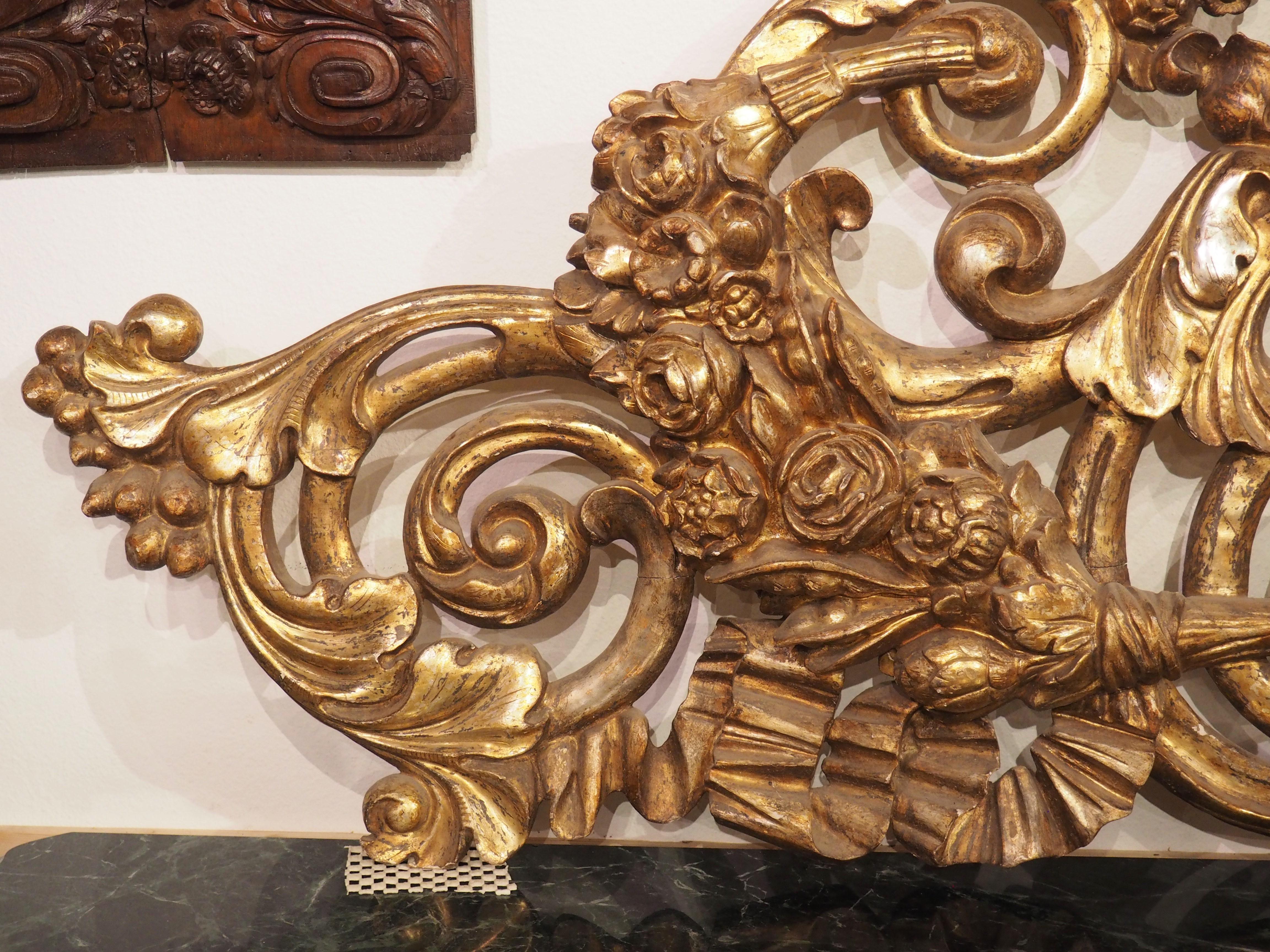 Hand-Carved Large Circa 1850 Italian Giltwood Architectural Carving or Headboard 91.5 Inches For Sale