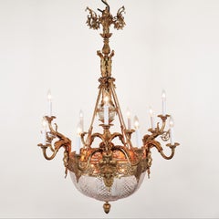 Large Circa 1900 French Beaux Arts Fire Gilt Bronze and Crystal Chandelier