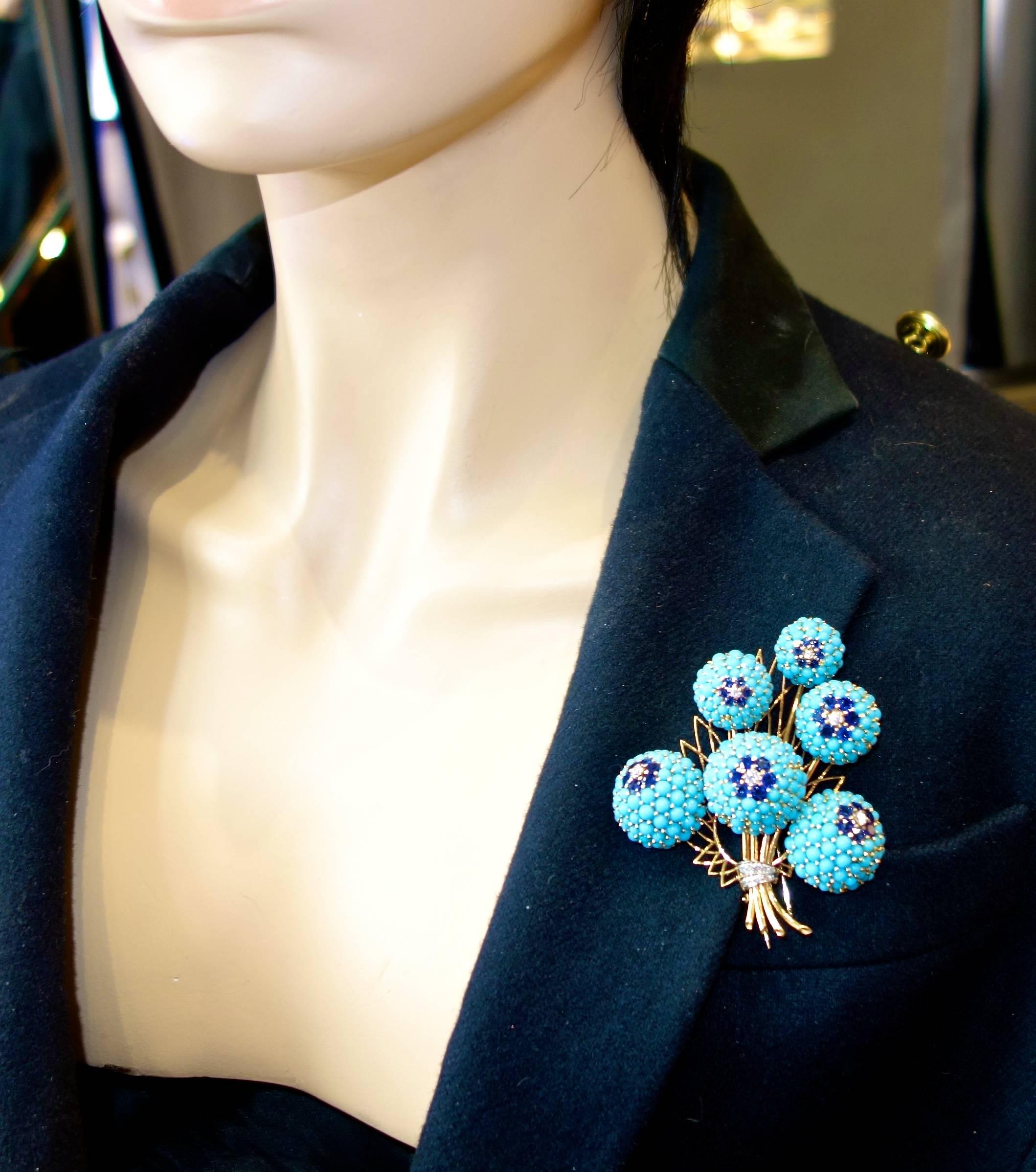 Large circa 1960s Dress Clip of Persian Turquoise, Diamonds and Sapphires In Excellent Condition In Aspen, CO