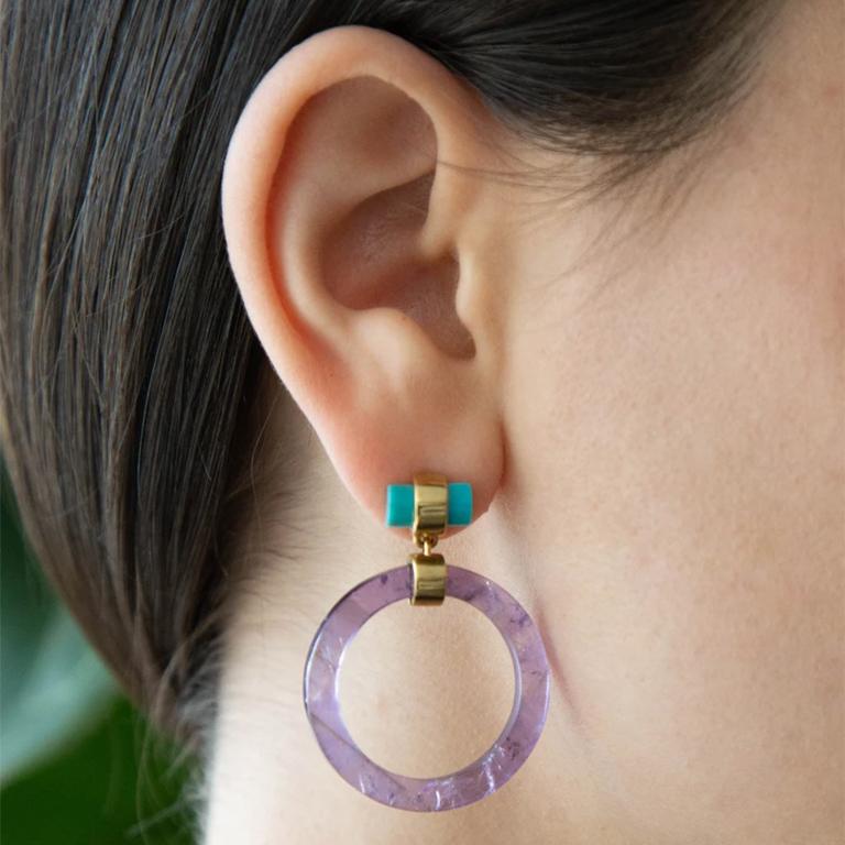 Contemporary Large Circle Hoops, Yellow Silver, Amethyst, Turquoise  For Sale
