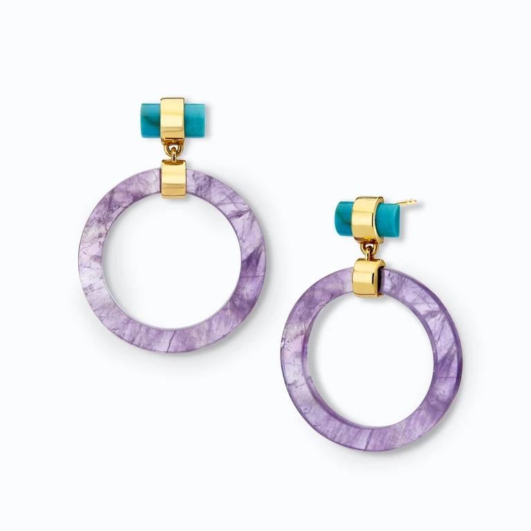 Cabochon Large Circle Hoops, Yellow Silver, Amethyst, Turquoise  For Sale