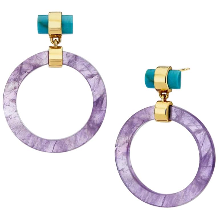 Large Circle Hoops, Yellow Silver, Amethyst, Turquoise  For Sale