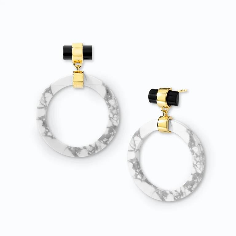Contemporary Large Circle Hoops, Yellow Silver, Howlite, Black Agate For Sale