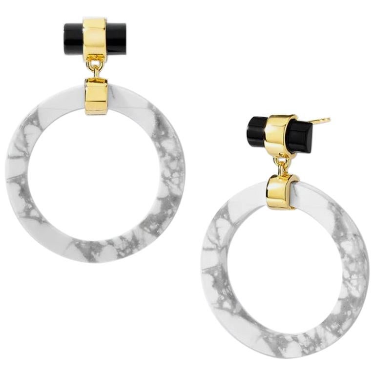 Large Circle Hoops, Yellow Silver, Howlite, Black Agate  For Sale