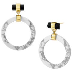 Large Circle Hoops, Yellow Silver, Howlite, Black Agate 