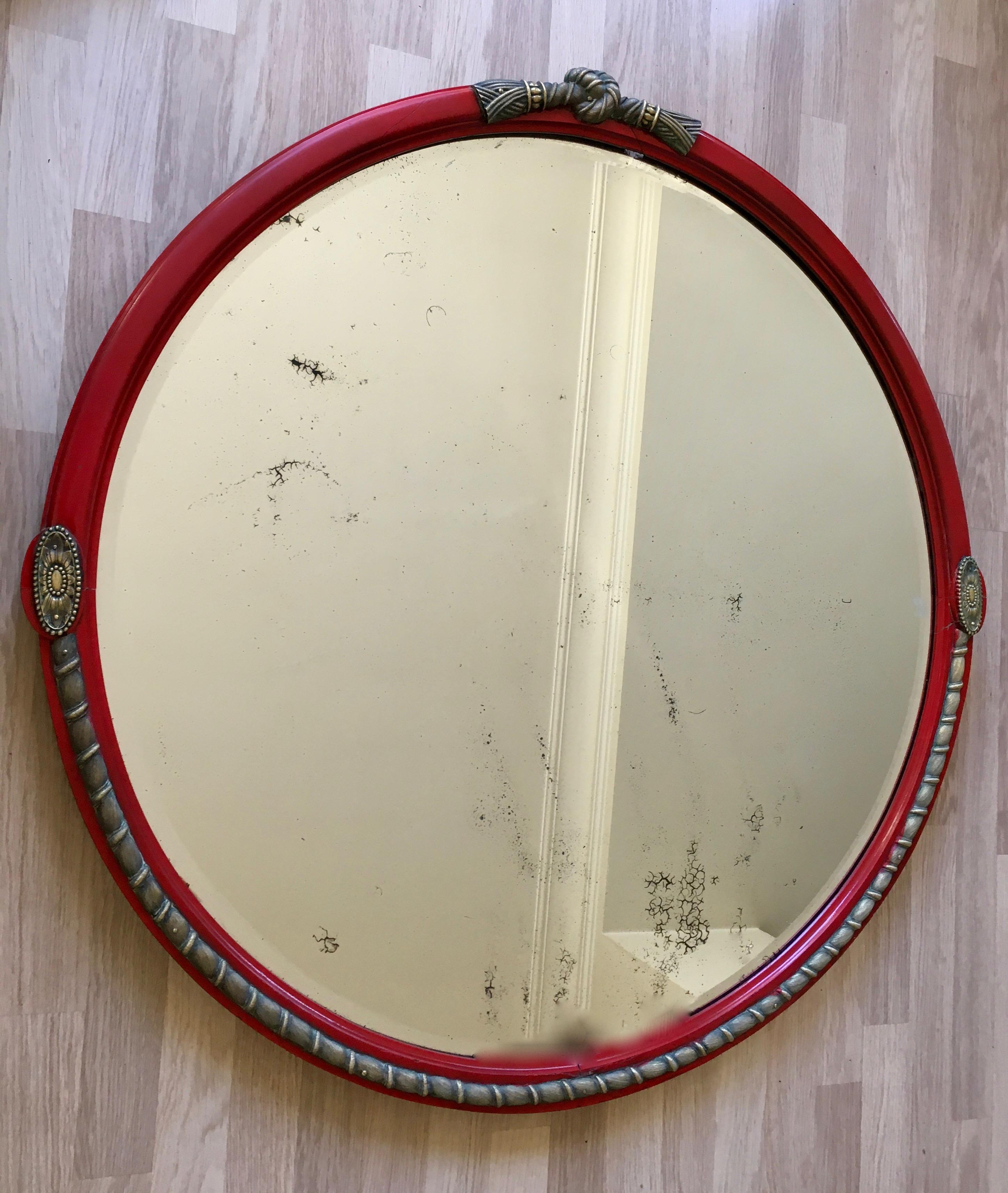 French Large Circular Art Deco Red Lacquer Mirror by Sue and Mare, France, 1928 For Sale