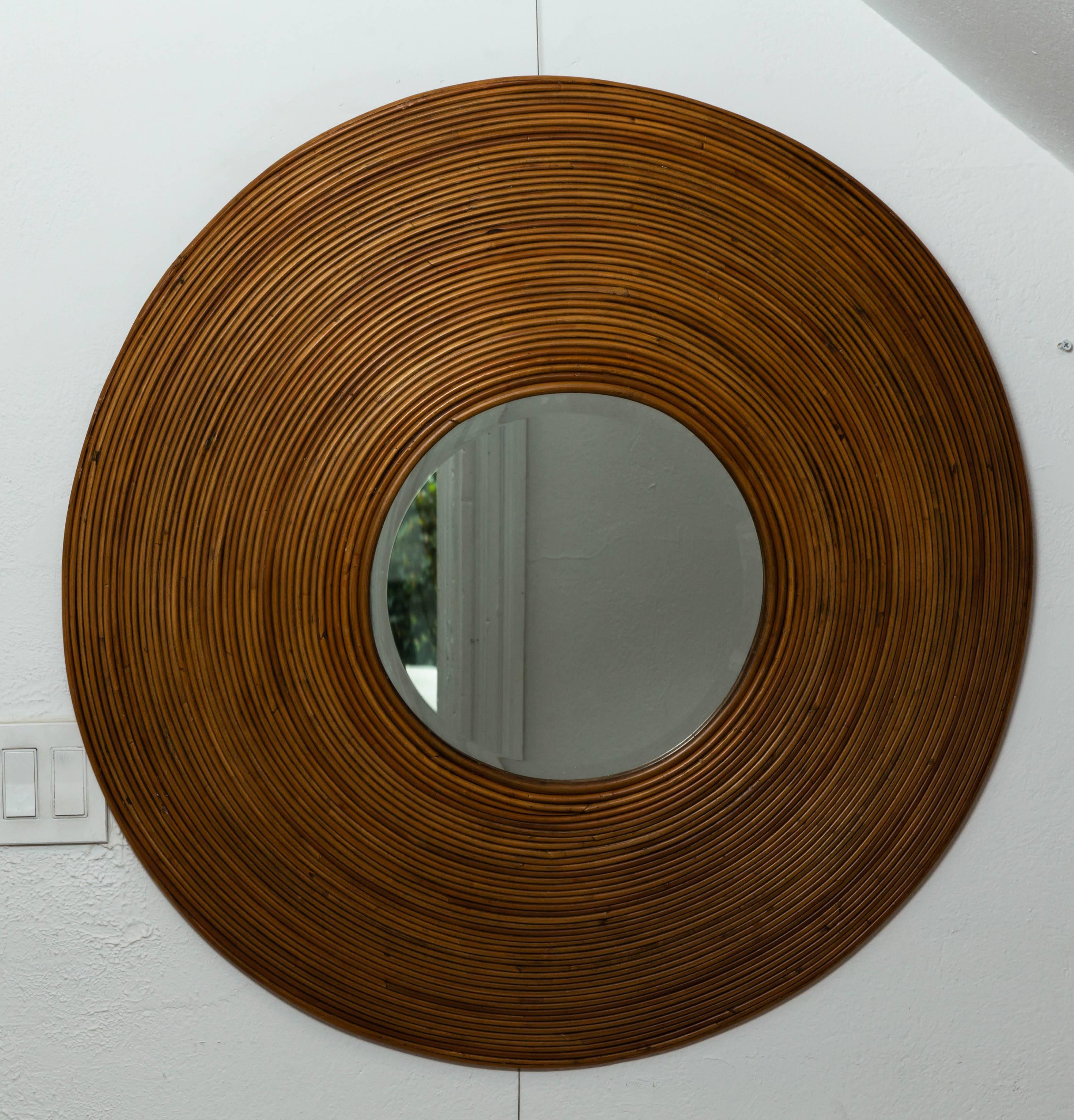 Large circular beveled mirror with bamboo reed surround (beveled mirror 14