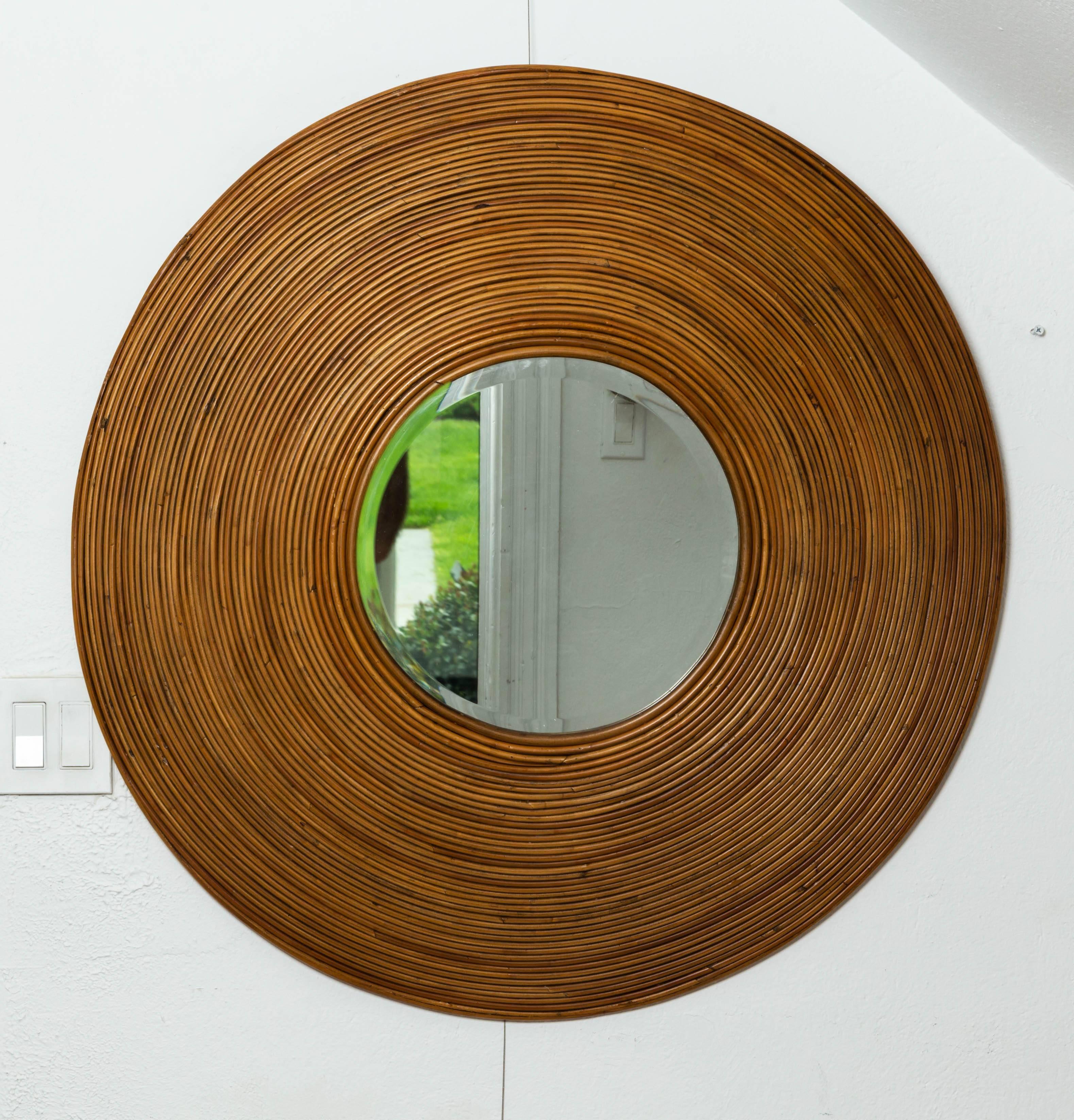 Italian Large Circular Beveled Mirror with Bamboo Reed Surround