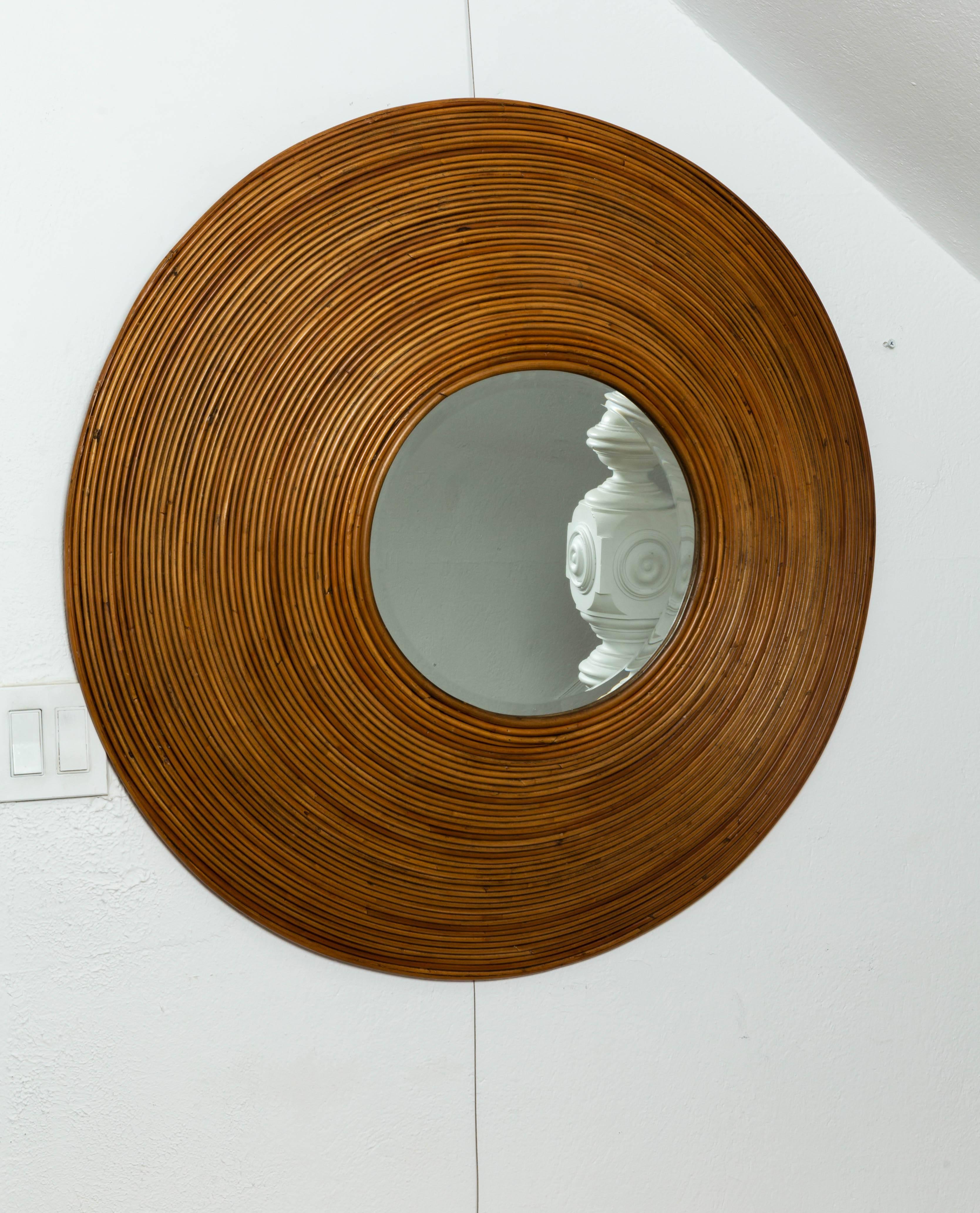 Large Circular Beveled Mirror with Bamboo Reed Surround In Good Condition In Bridgehampton, NY