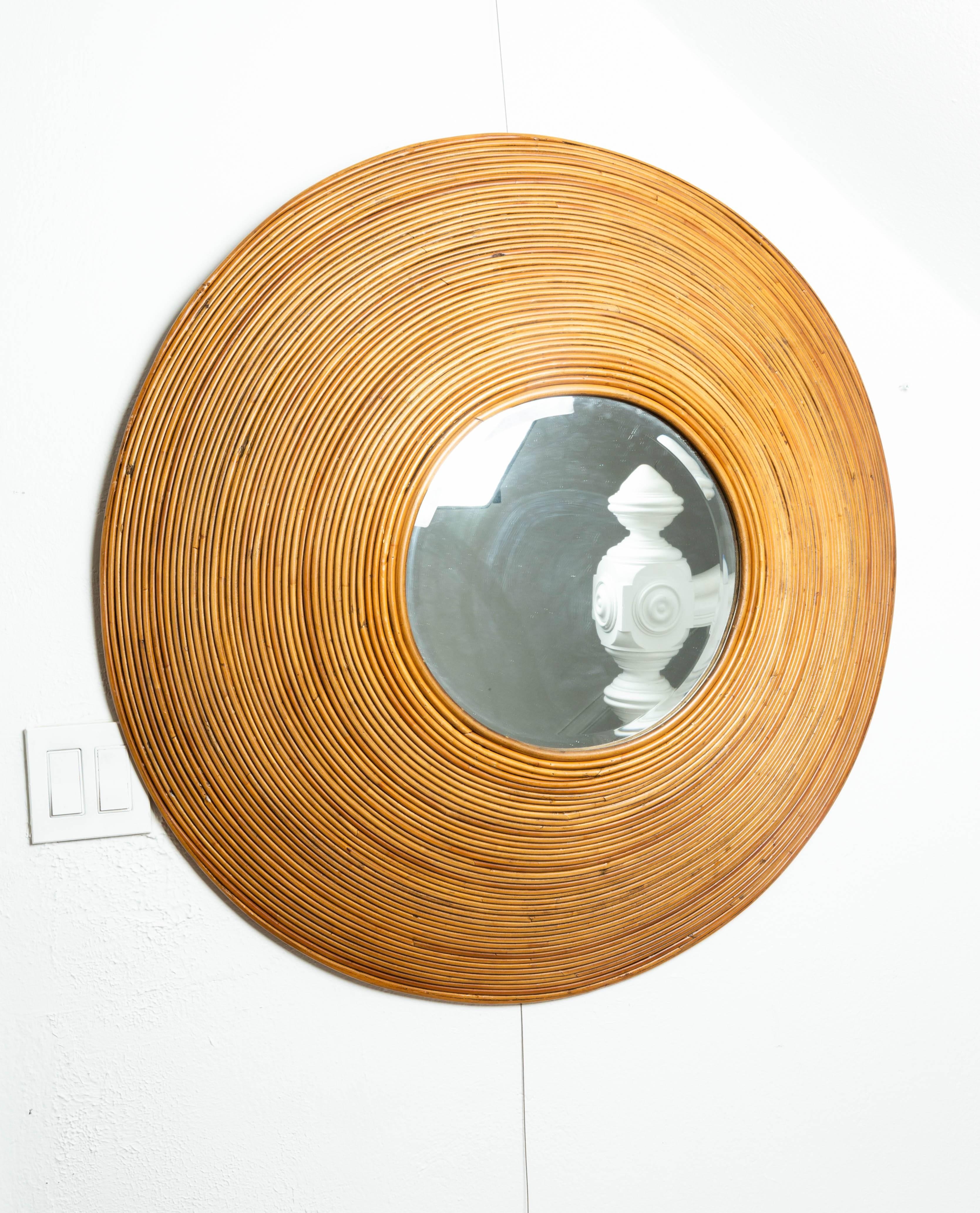 20th Century Large Circular Beveled Mirror with Bamboo Reed Surround