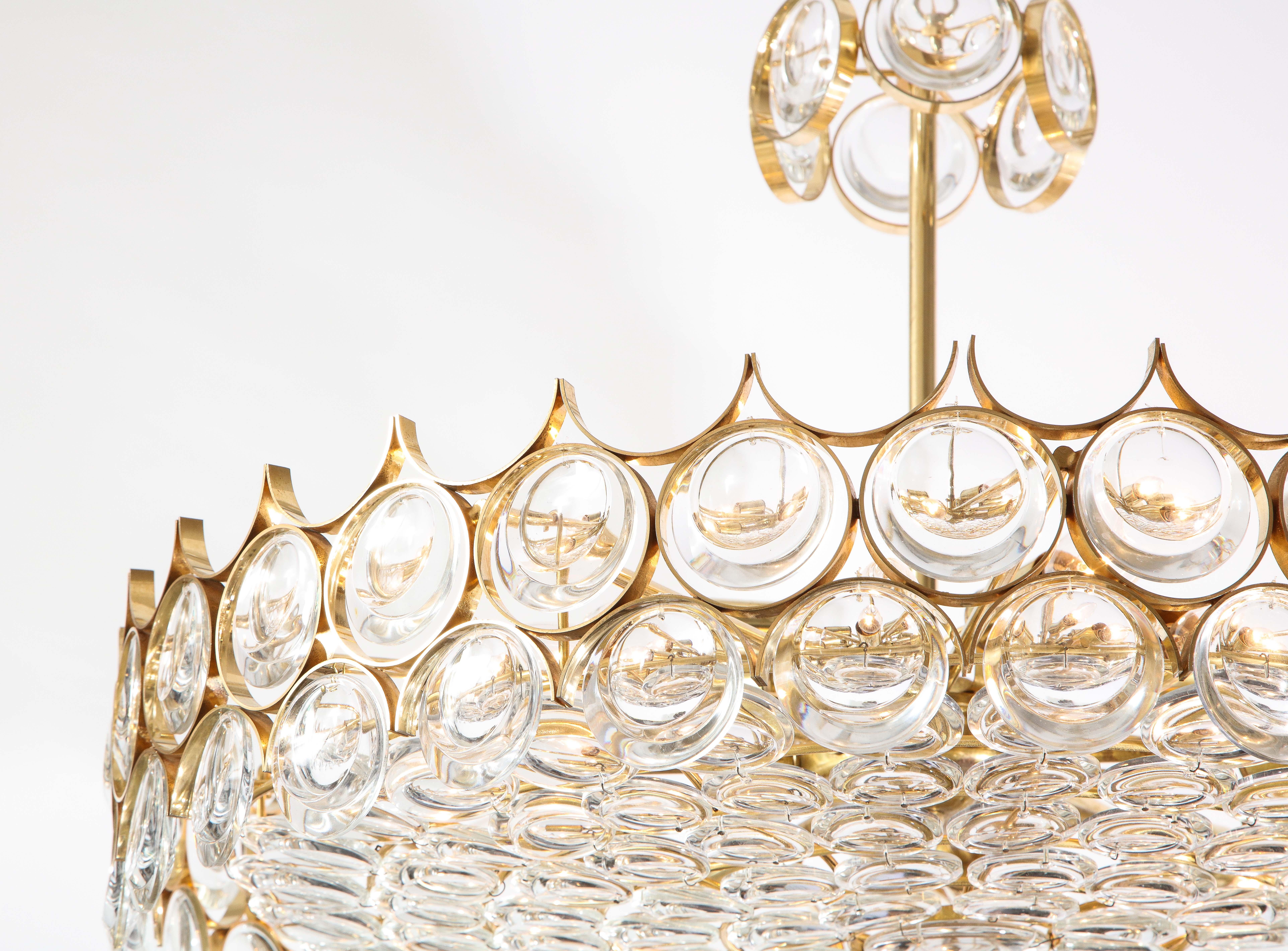 Mid-Century Modern Large Circular Brass and Crystal Chandelier by Ernest Palme for Palwa