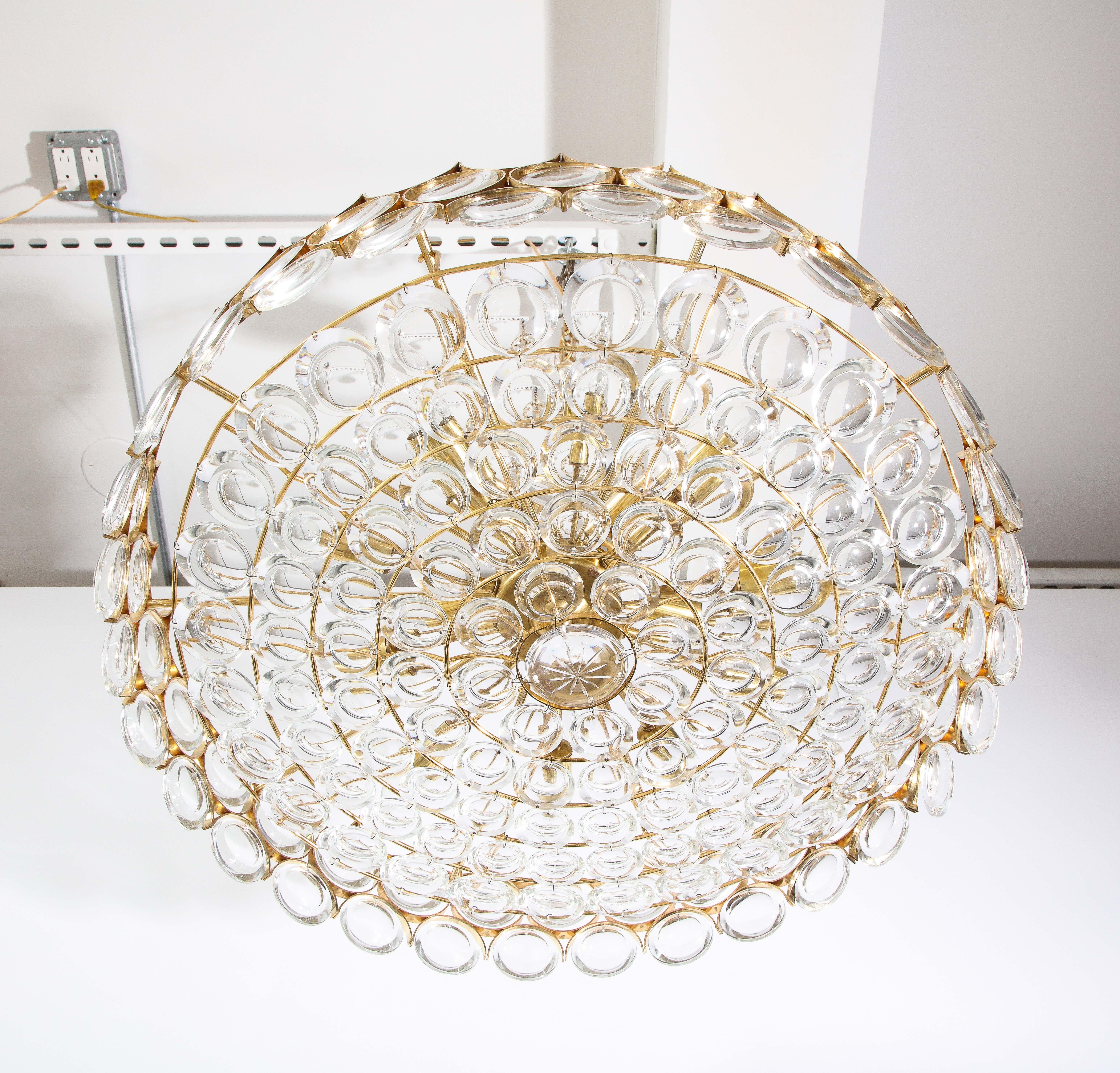 Austrian Large Circular Brass and Crystal Chandelier by Ernest Palme for Palwa