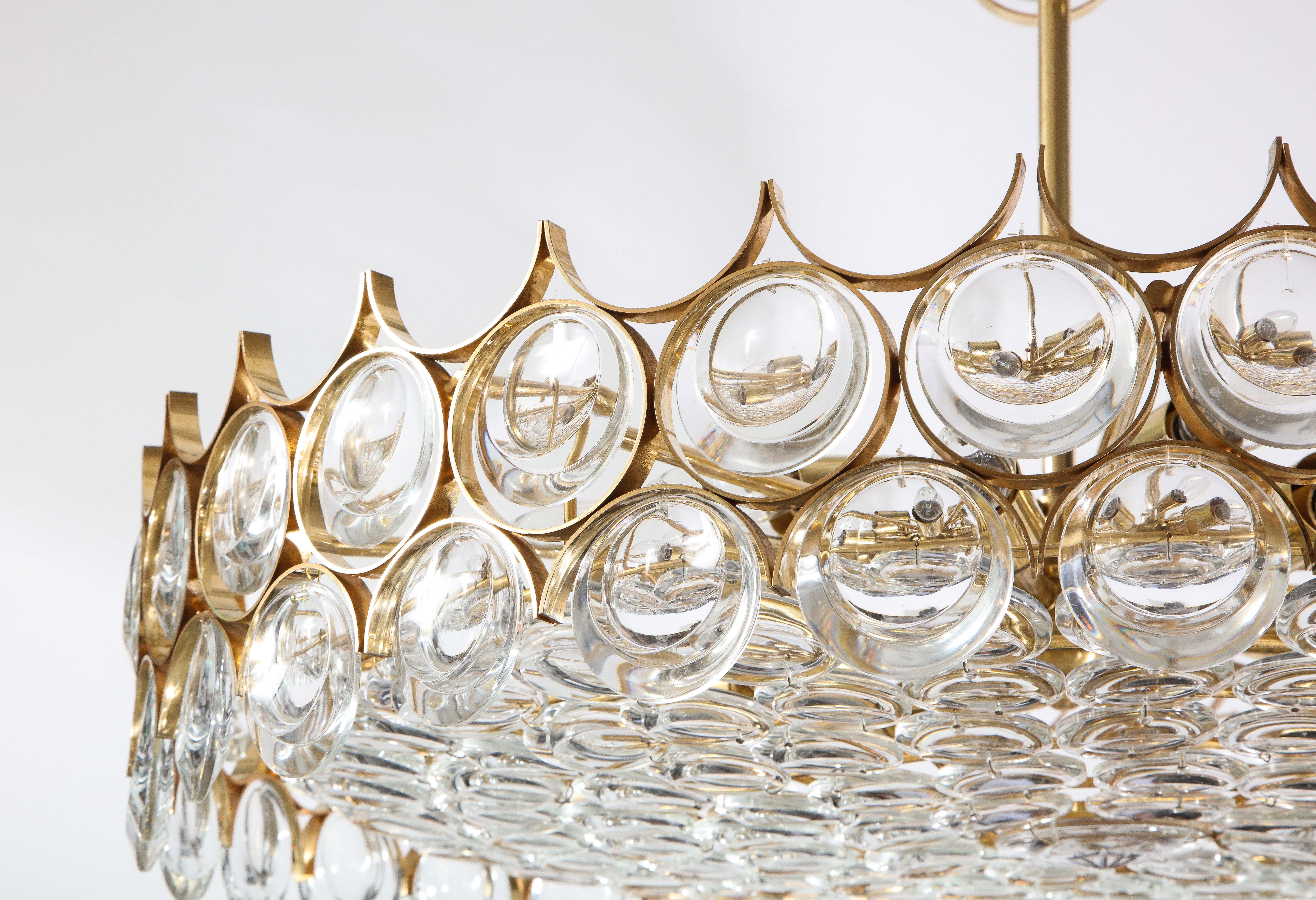 Gold Plate Large Circular Brass and Crystal Chandelier by Ernest Palme for Palwa
