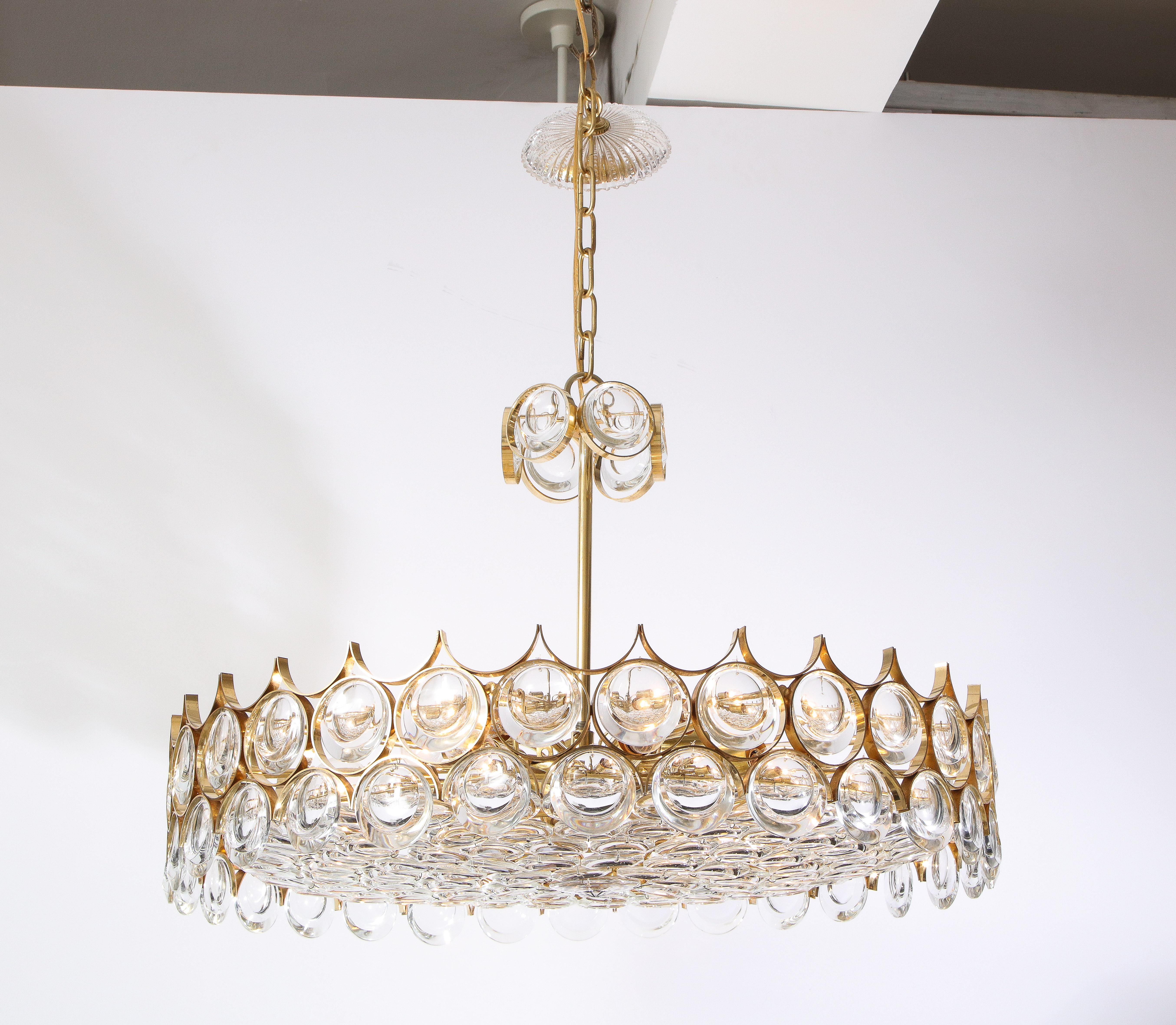 Large Circular Brass and Crystal Chandelier by Ernest Palme for Palwa 1